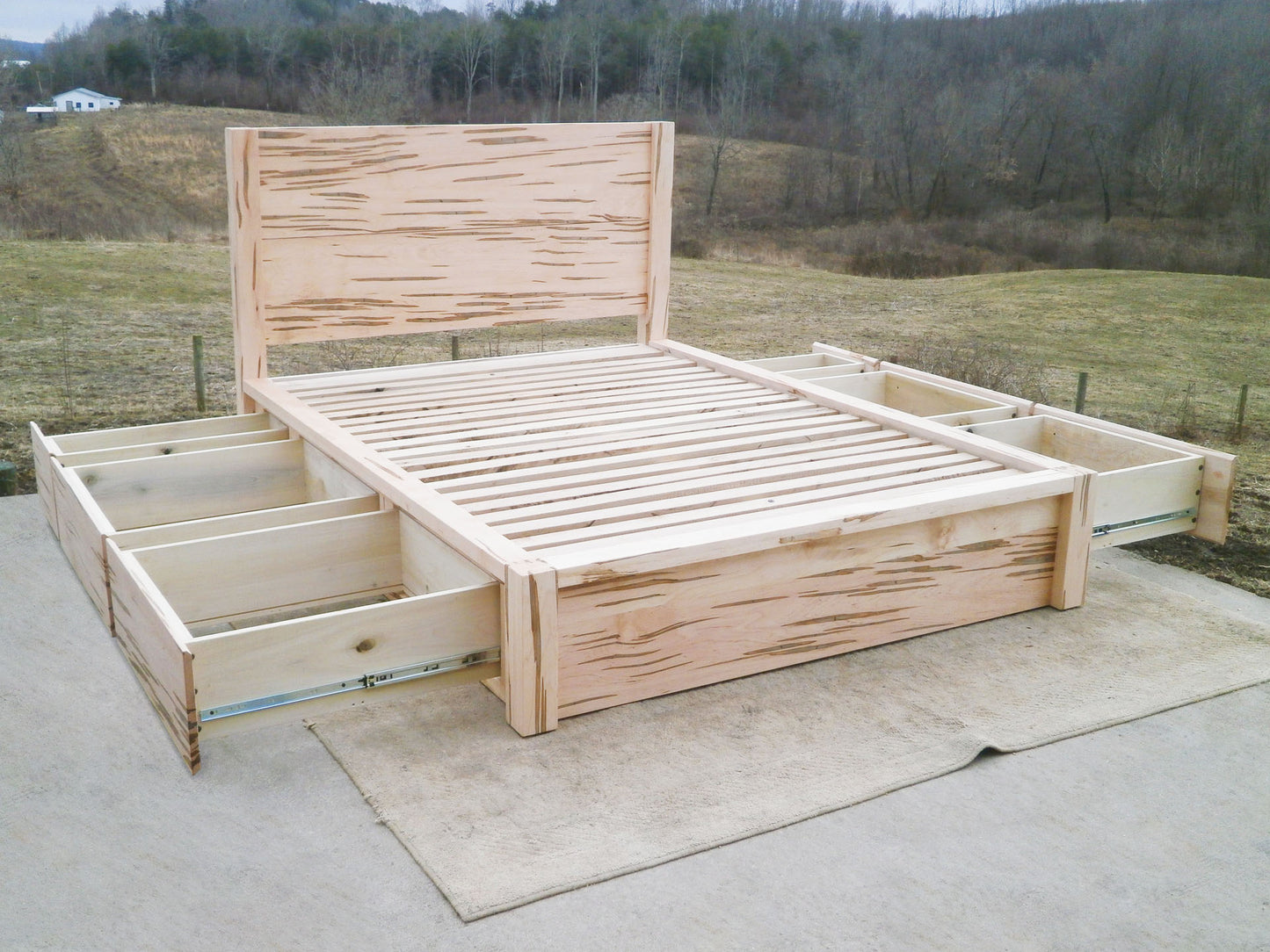 front angled view drawers open Storage Bed with 6 drawers and tall headboard