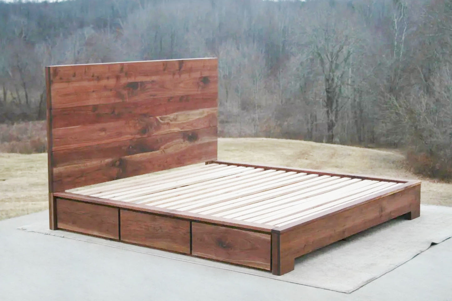 walnut Low Storage Bed with 6 drawers and thick headboard