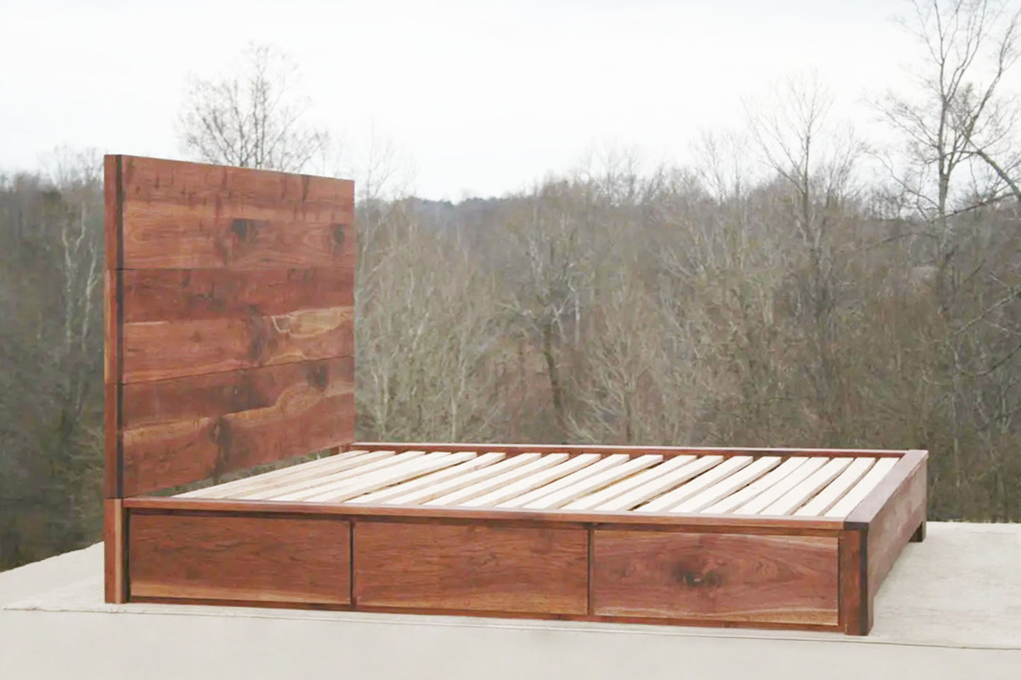 side view walnut Low Storage Bed with 6 drawers and thick headboard