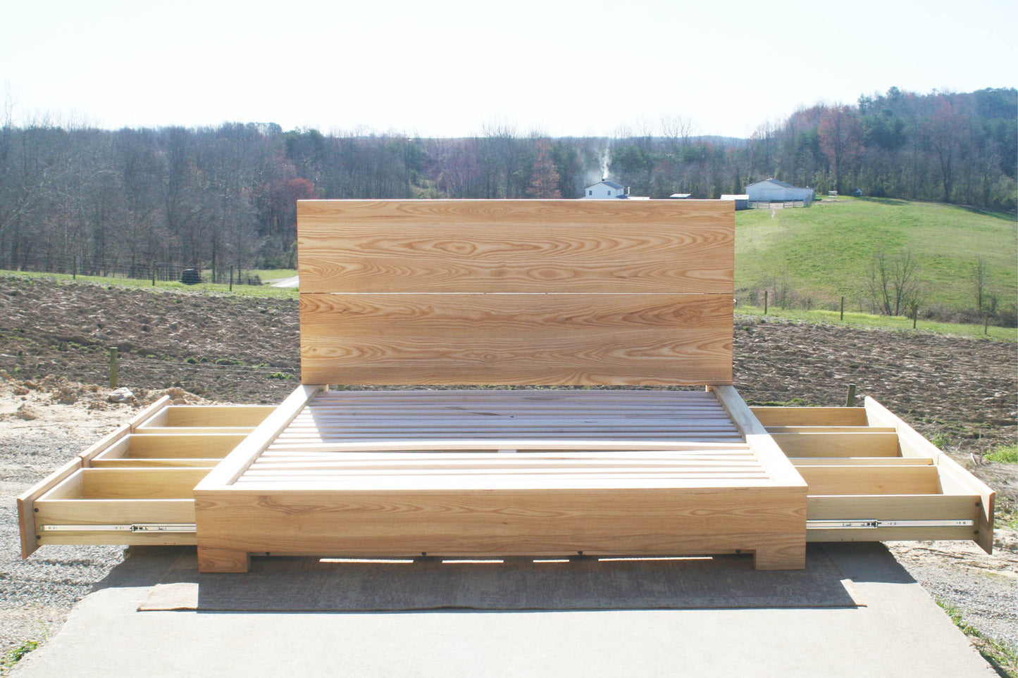 natural wood Low Storage Bed with Beveled Overlays with drawers open