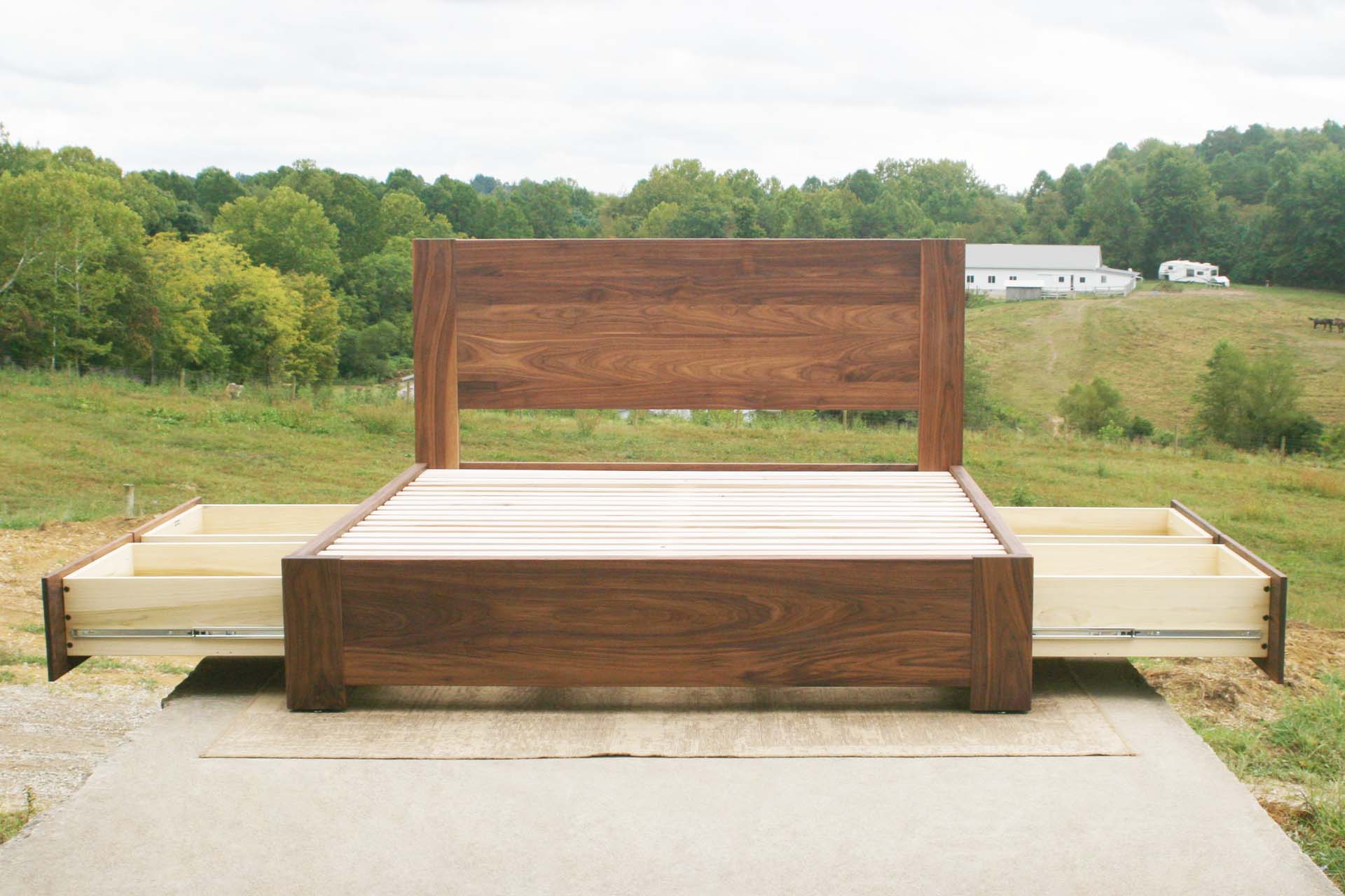 walnut Platform Bed with 4 drawers plus Cubby drawers open