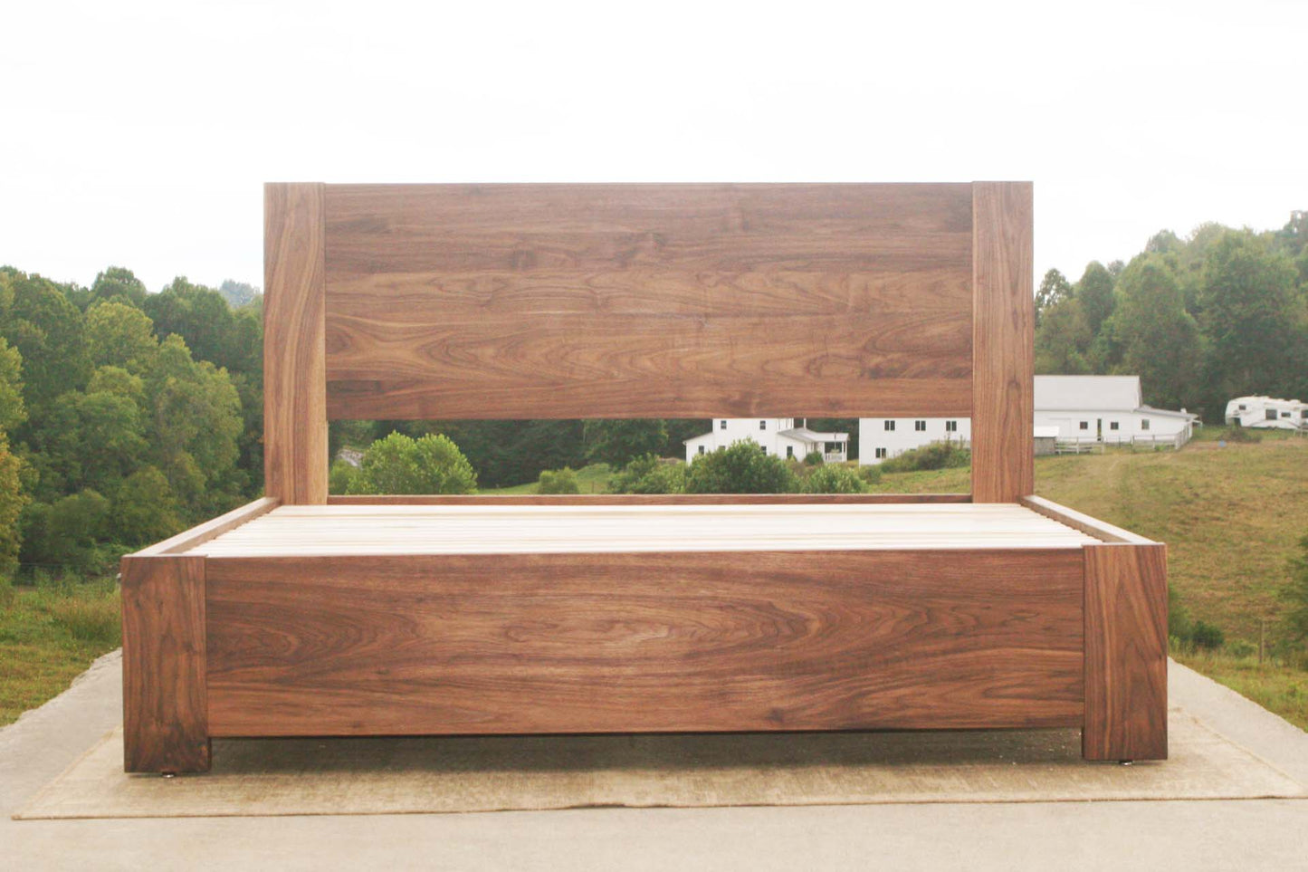 front view walnut Platform Bed with 4 drawers plus Cubby
