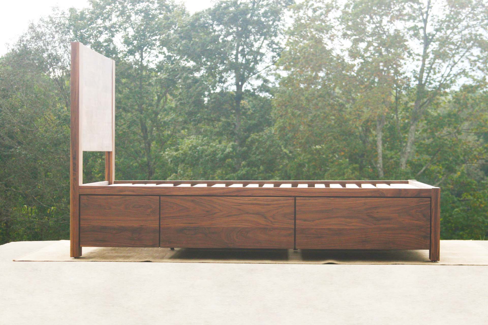 side view walnut Platform Bed with 4 drawers plus Cubby