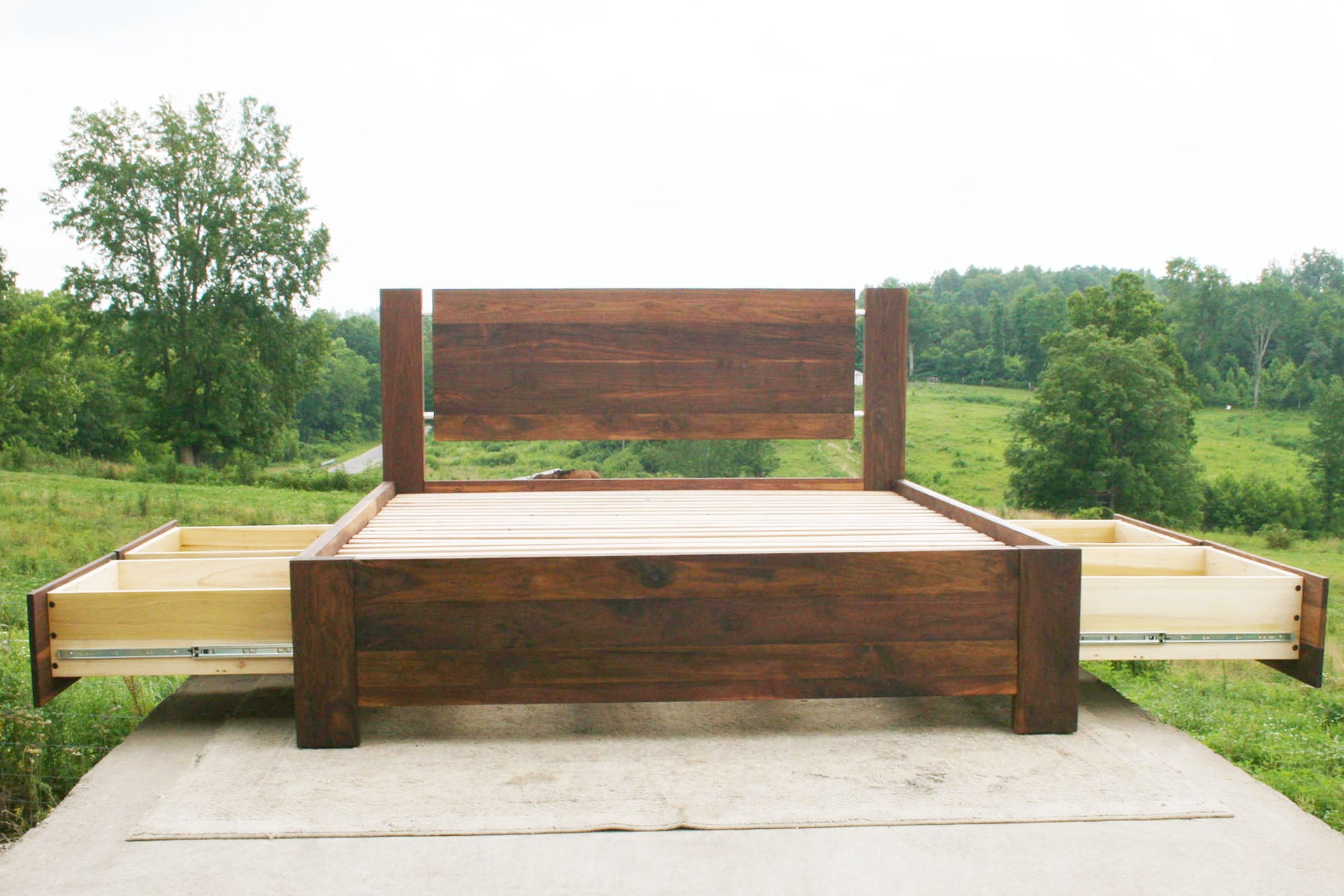 front view Platform Bed with 4 drawers open plus Cubby