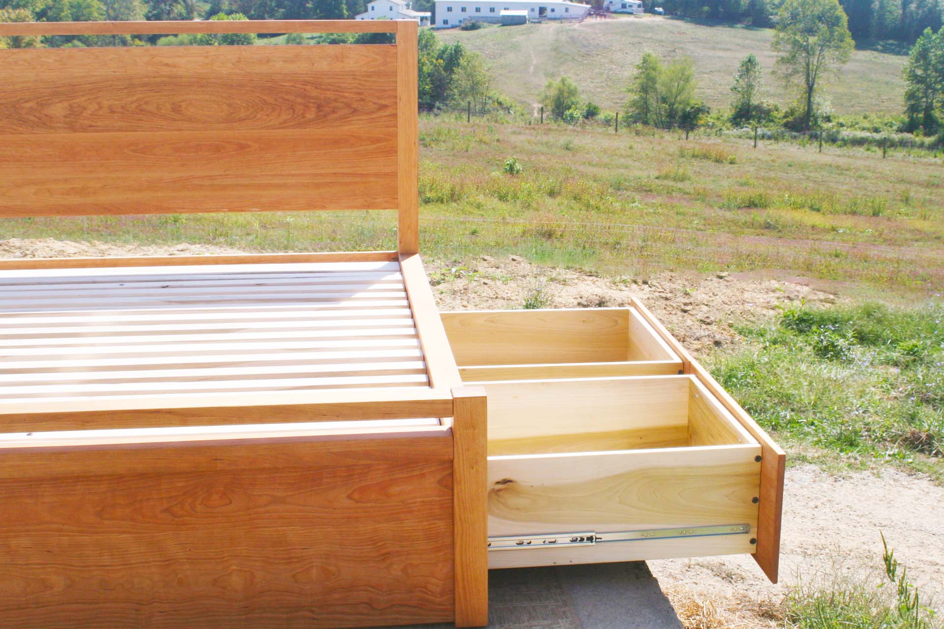 drawers open natural Platform Bed with 4 drawers, thick headboard and footboard and square posts