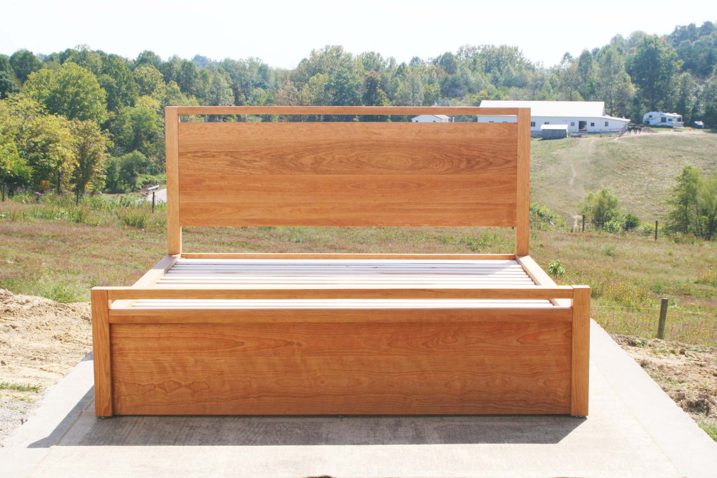 front view natural Platform Bed with 4 drawers, thick headboard and footboard and square posts