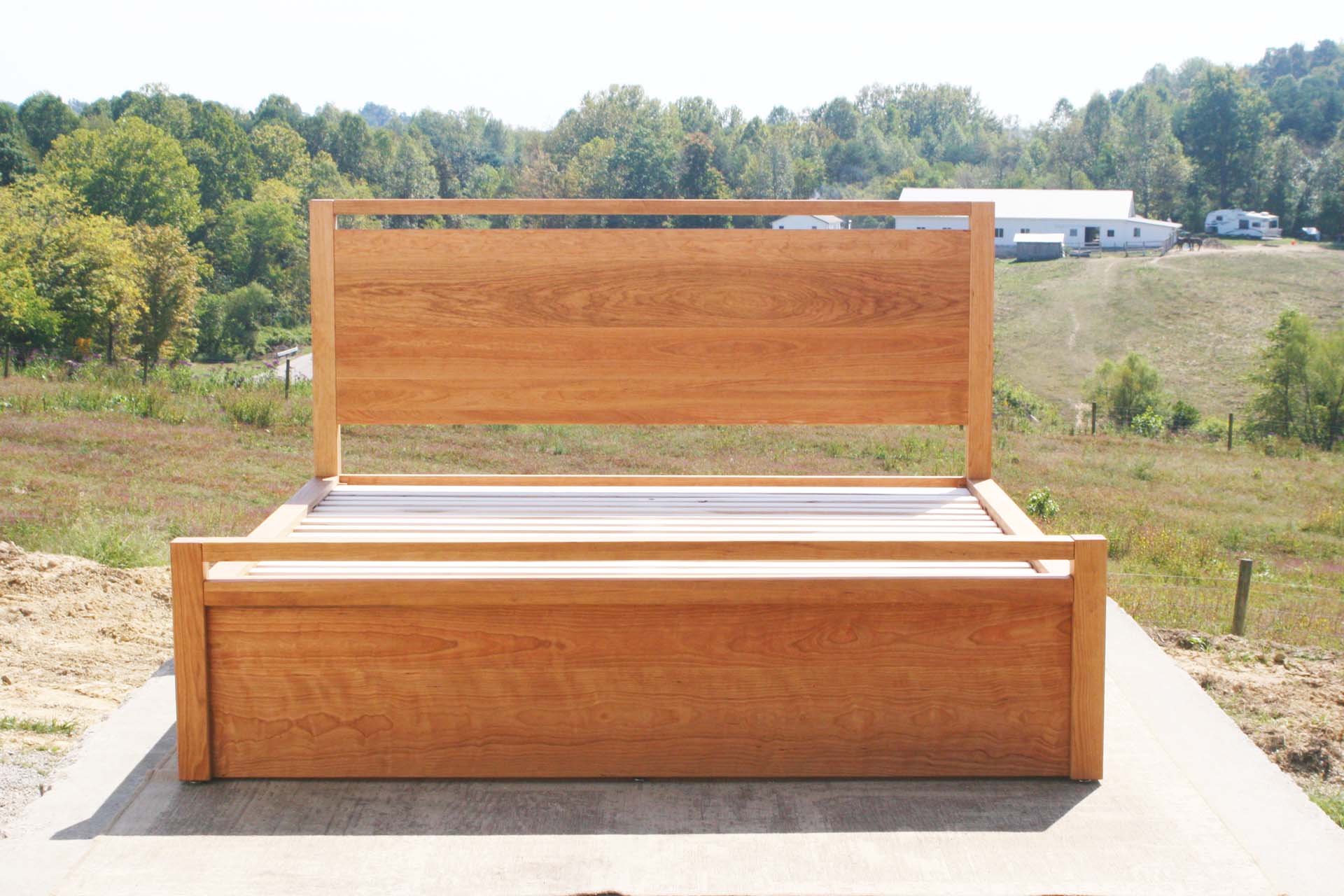 front view natural Platform Bed with 4 drawers, thick headboard and footboard and square posts