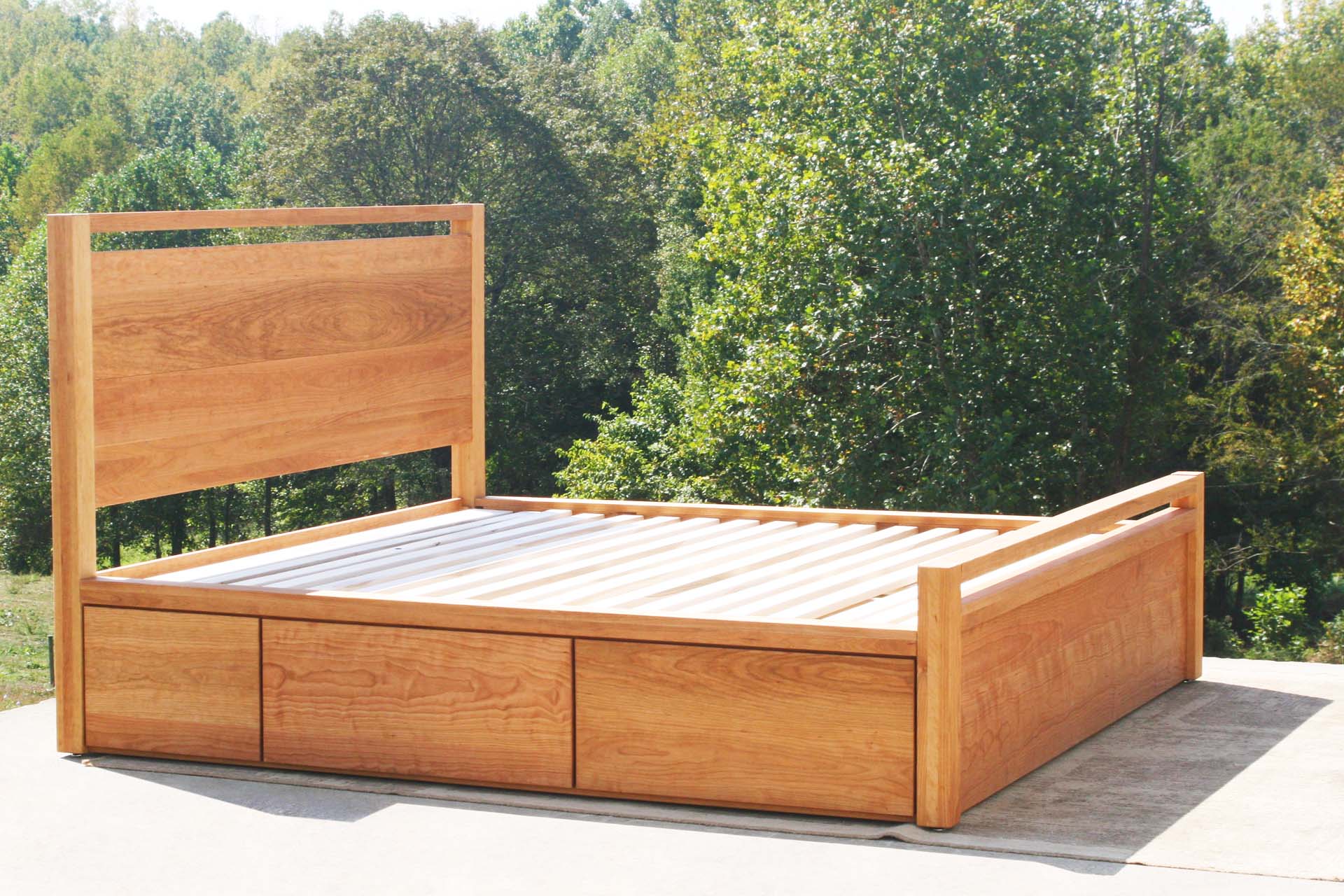 natural Platform Bed with 4 drawers, thick headboard and footboard and square posts