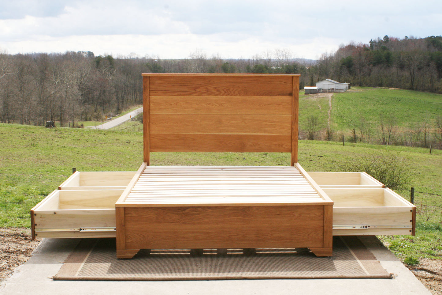 front view drawers open Storage Bed with 4 inset drawers and headboard