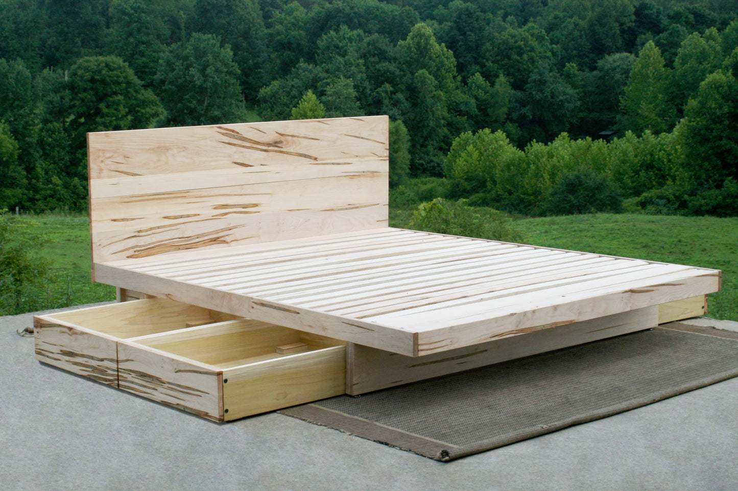 hardwood Cantilever storage bed with 4 drawers and headboard with drawers out