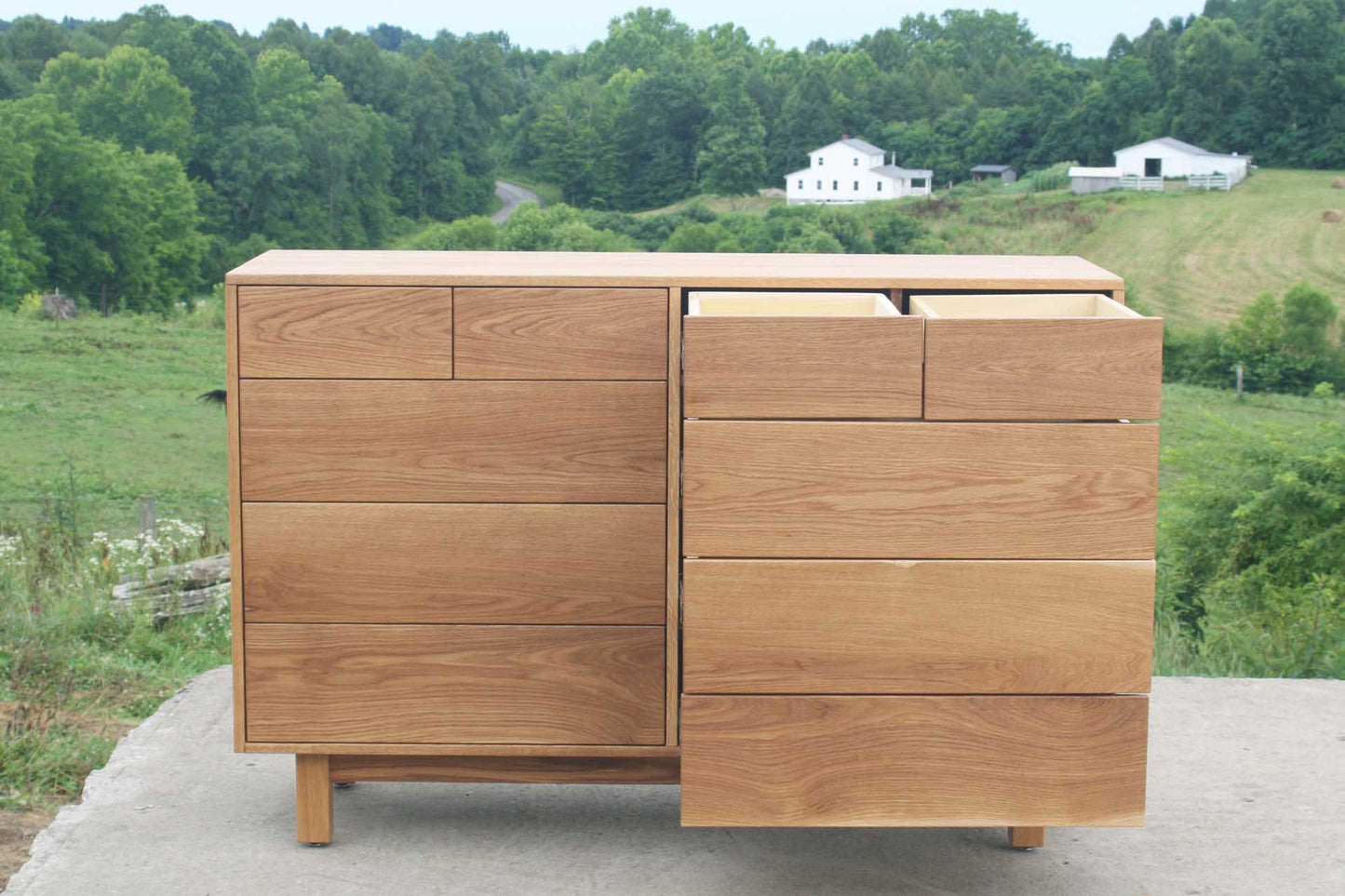 front view 10 drawer dresser side view natural left drawers open