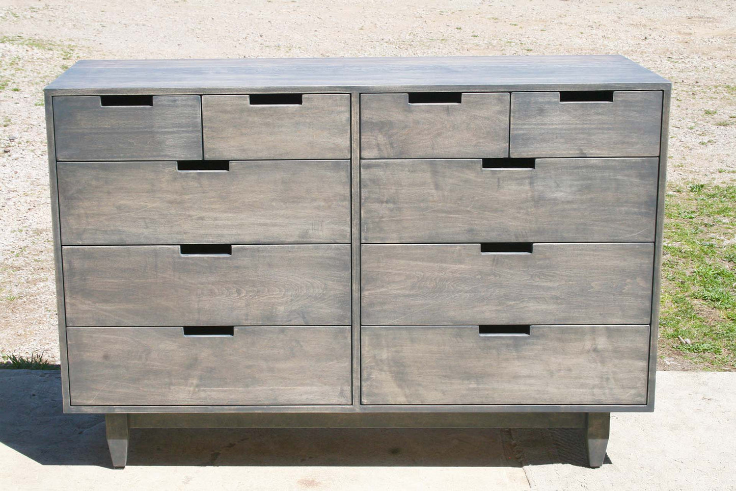 front view natural angled view gray stain 10 drawer mid century modern dresser