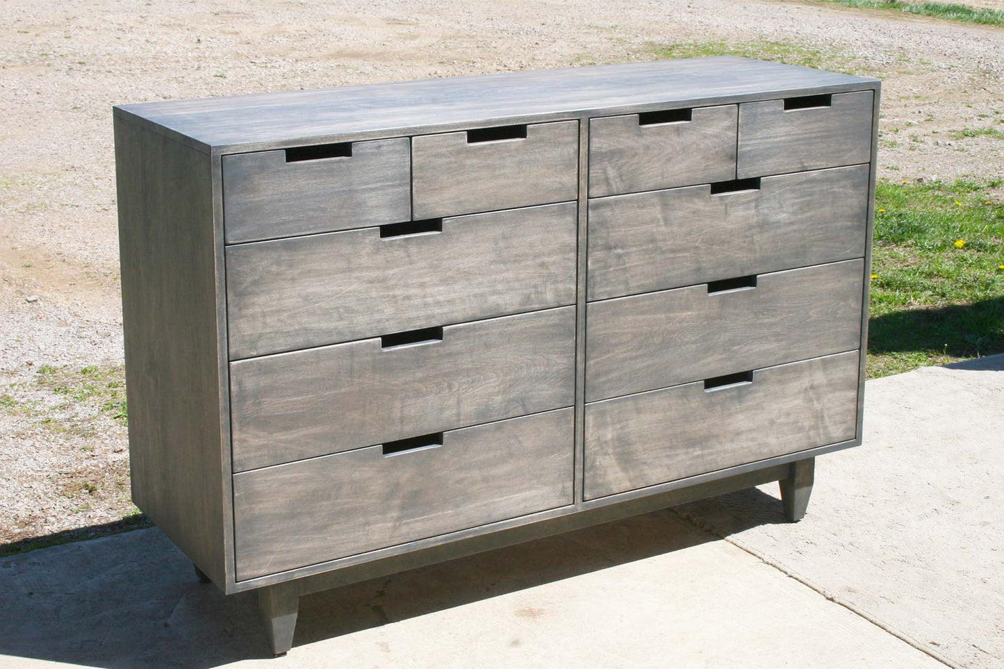 angled view gray stain 10 drawer mid century modern dresser