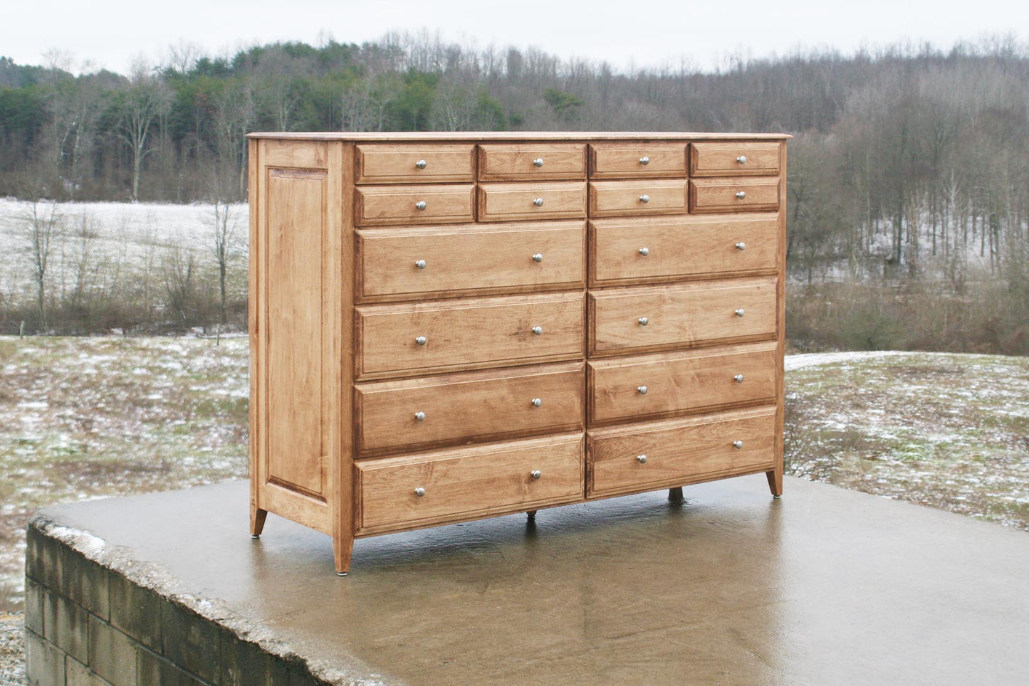 custom wood dresser front angle view