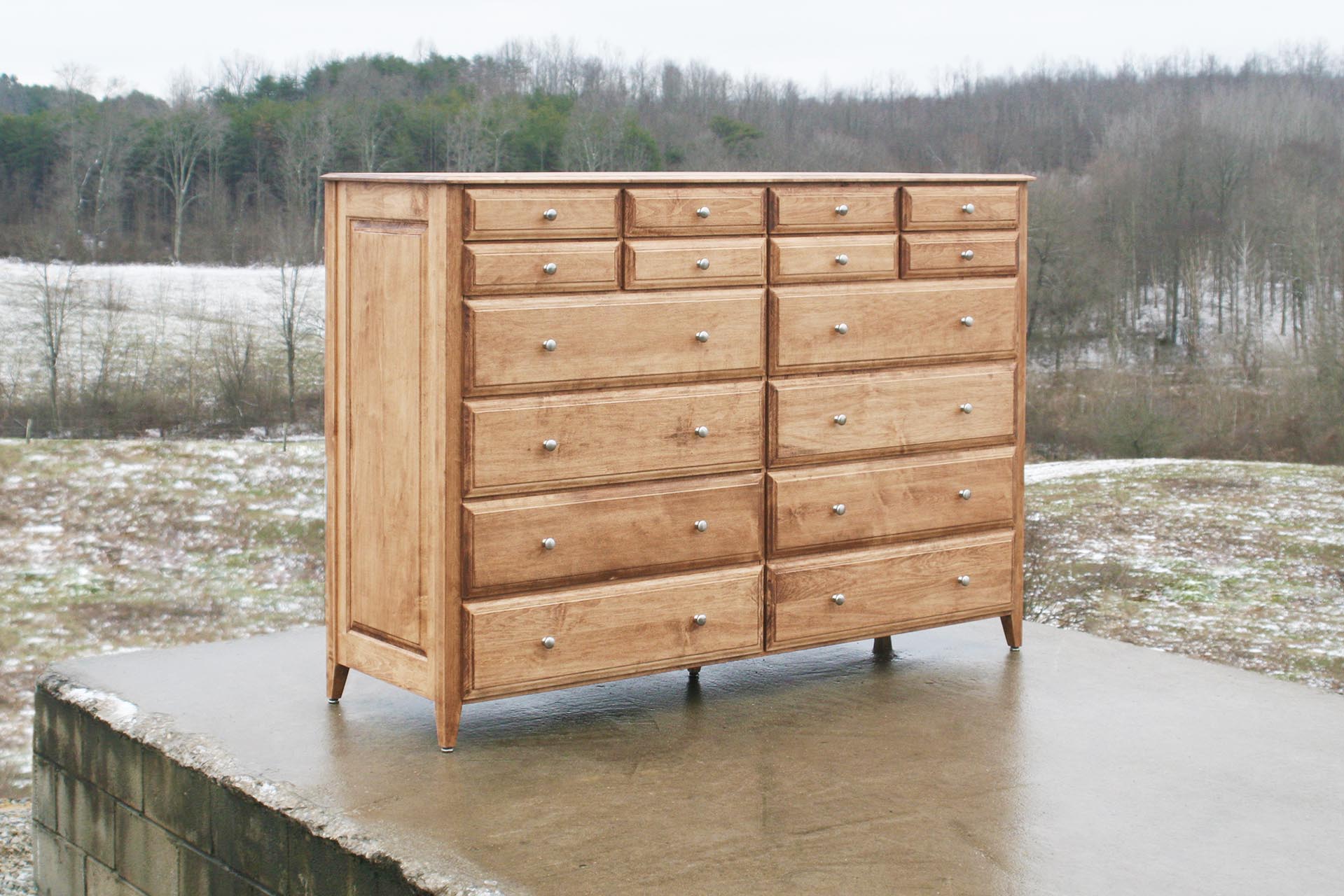 custom wood dresser front angle view