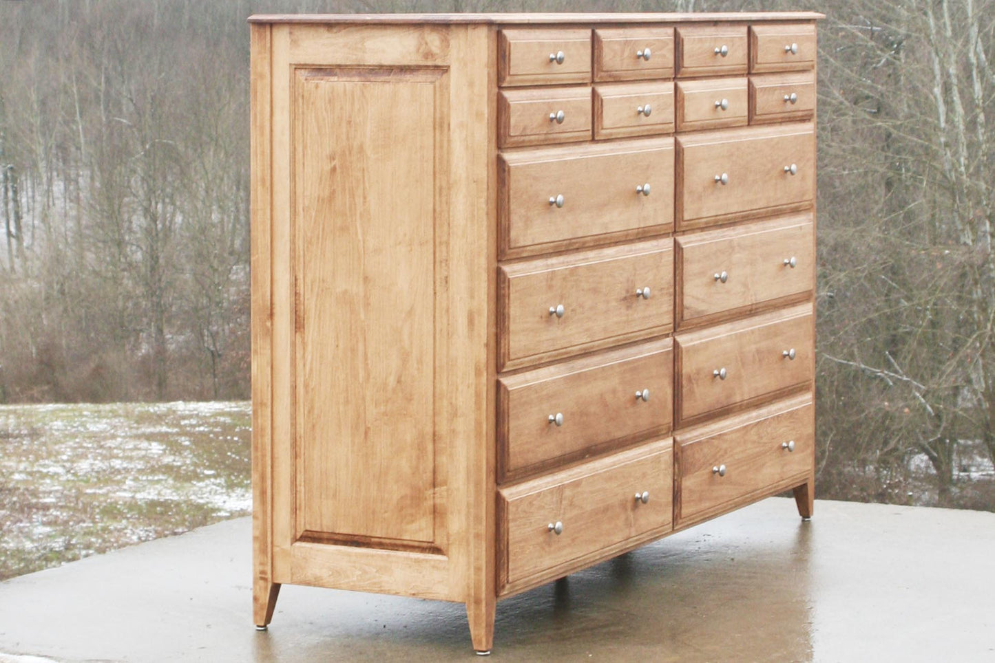 big dresser made with natural wood side view