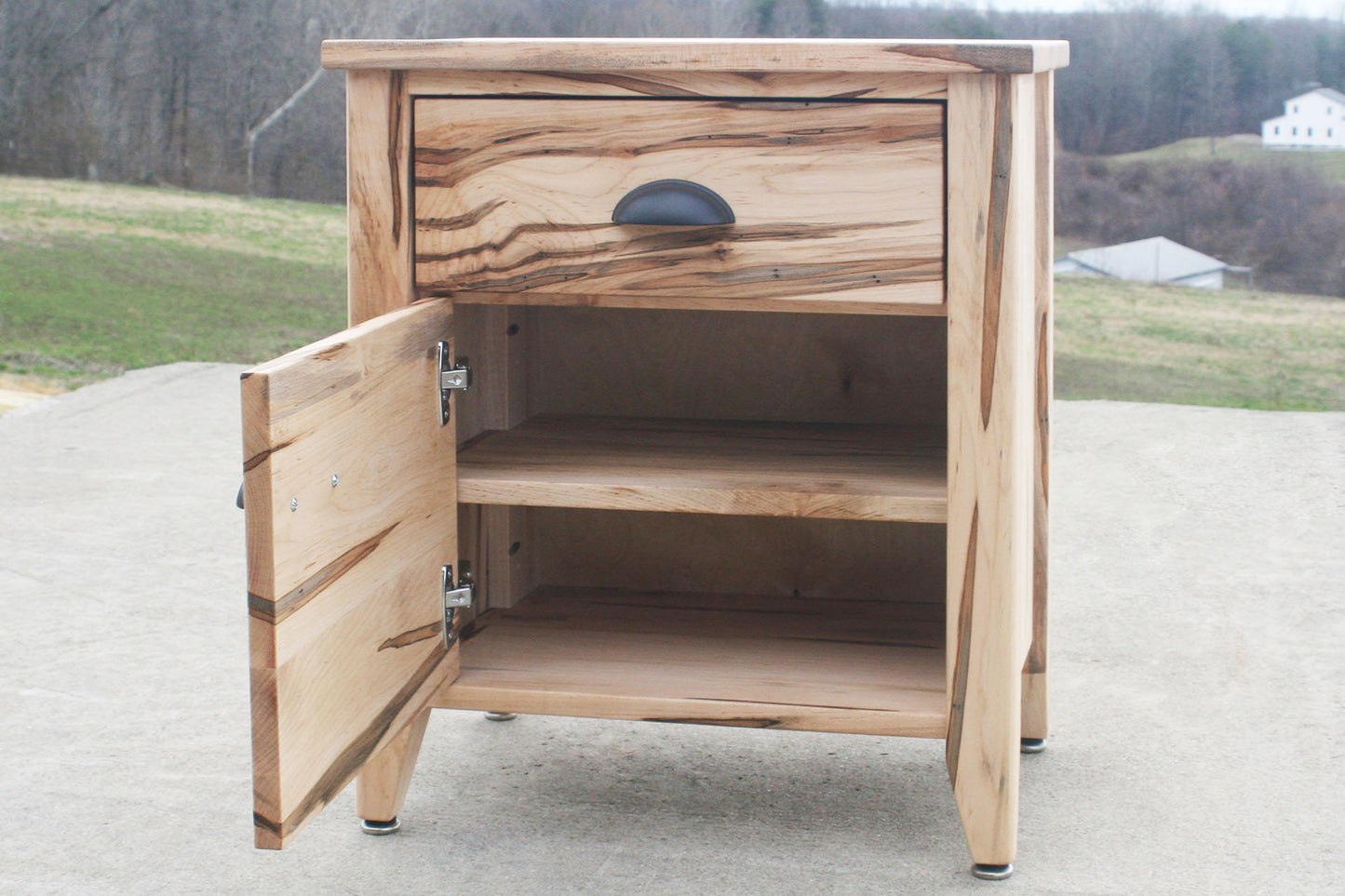 wormy maple hallway cabinet with door open