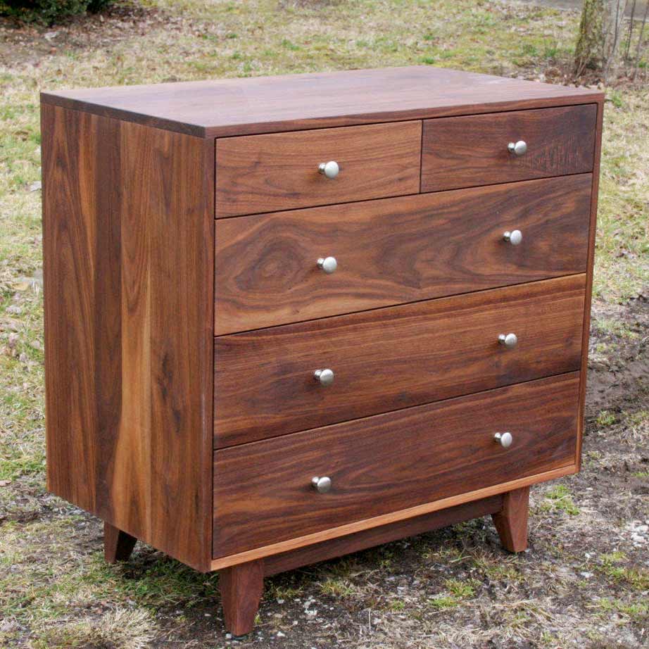 5 drawer chest angled view walnut