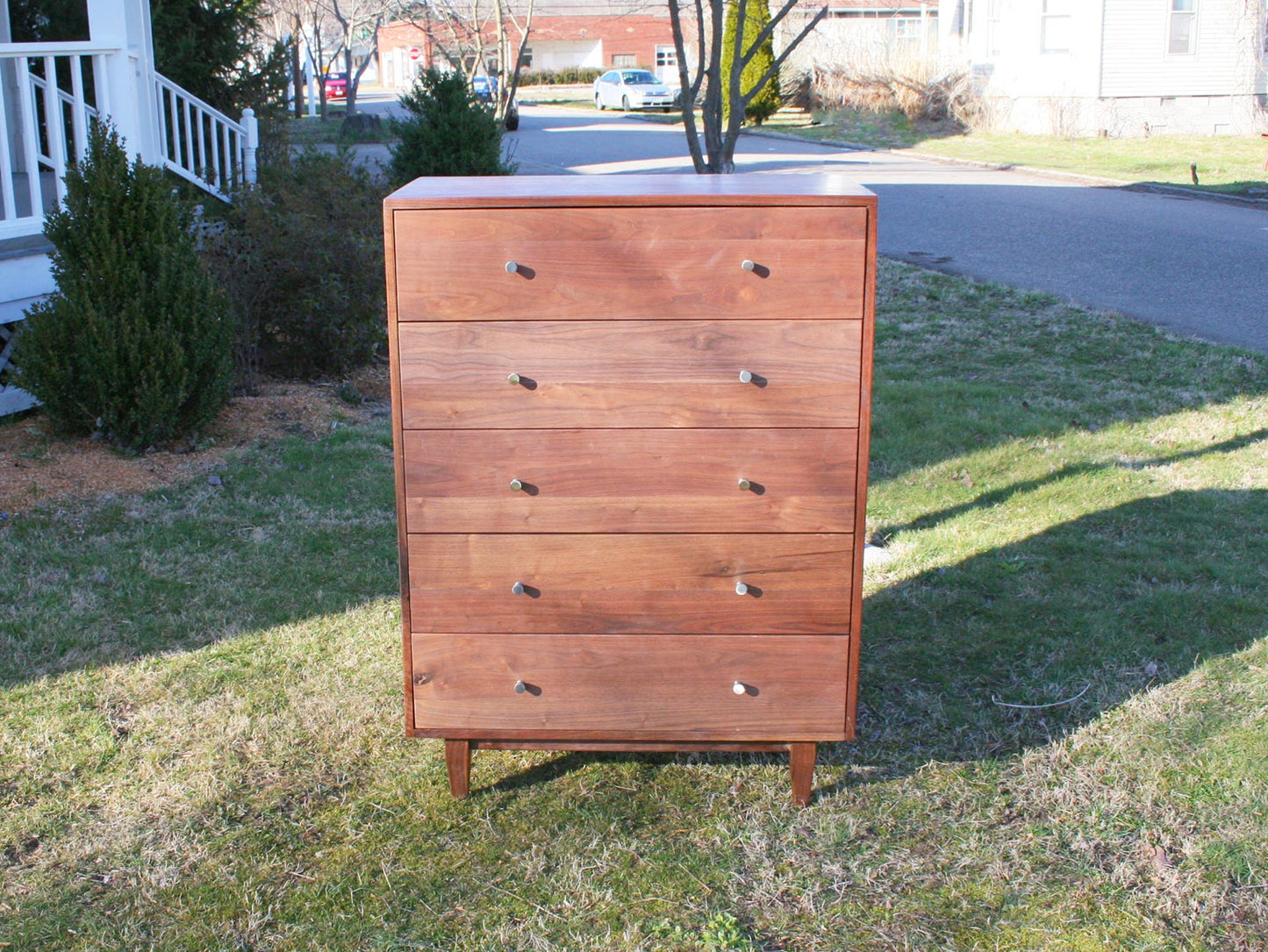 Tall 5 drawer dresser walnut front view hardwood