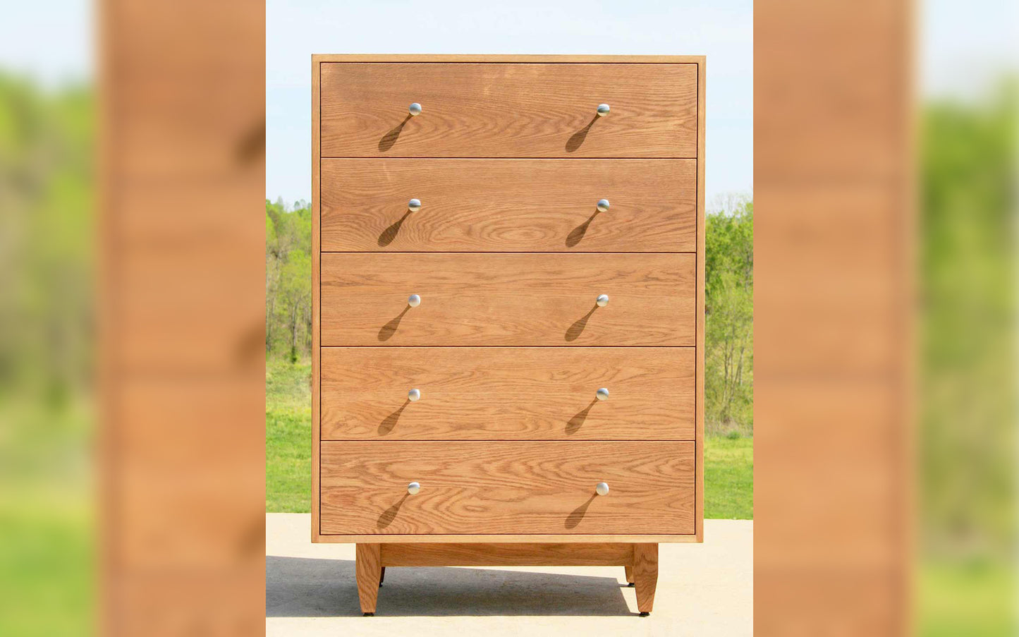 Tall 5 drawer dresser front view natural hardwood