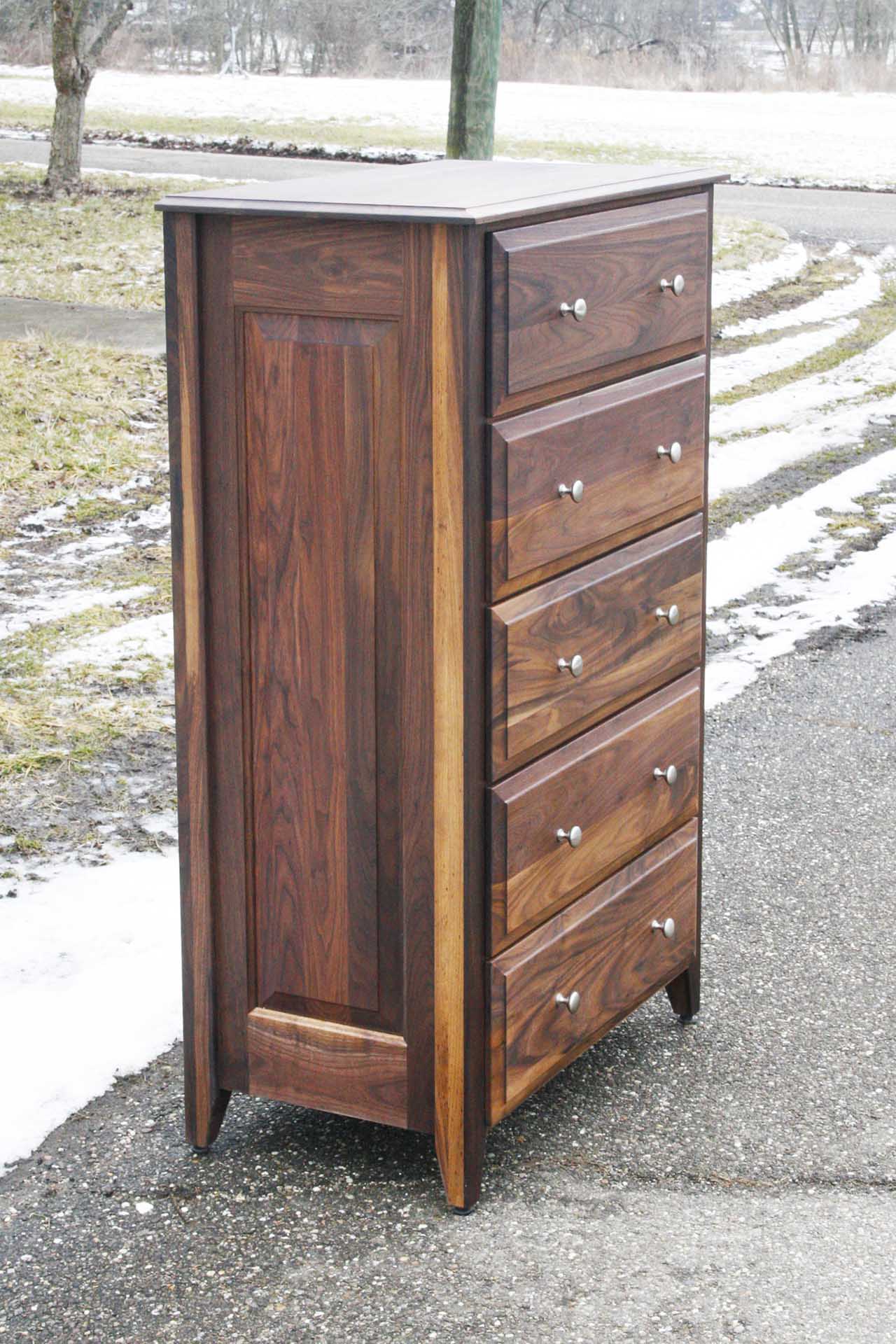 paneled wood dresser side angled view