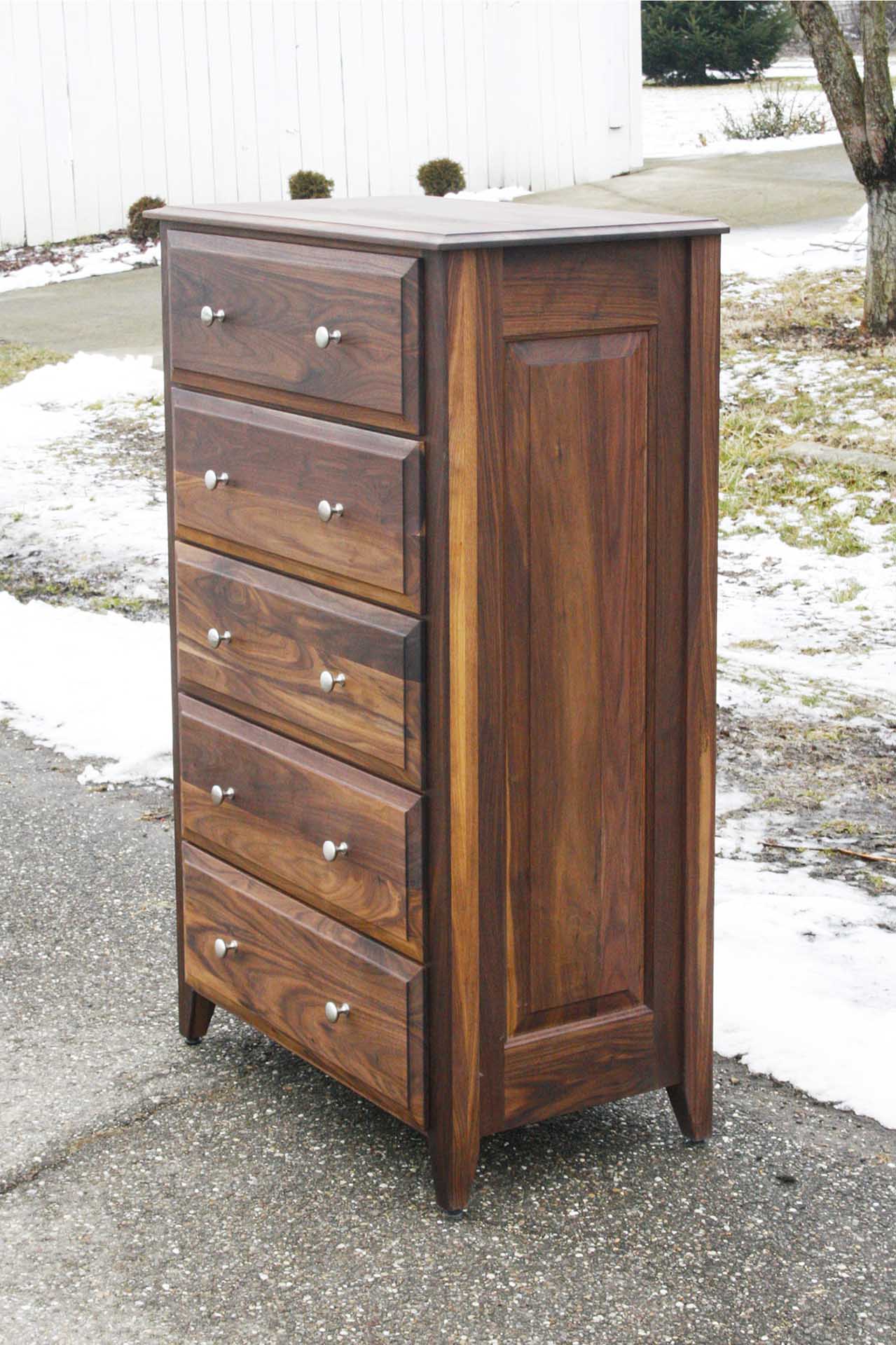 side view natural hardwood dresser with nickel pulls