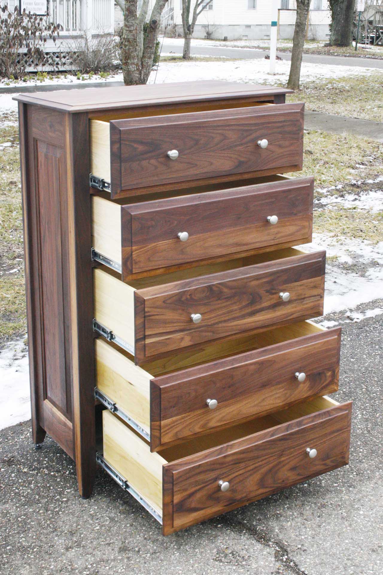 walnut dresser with 5 drawers