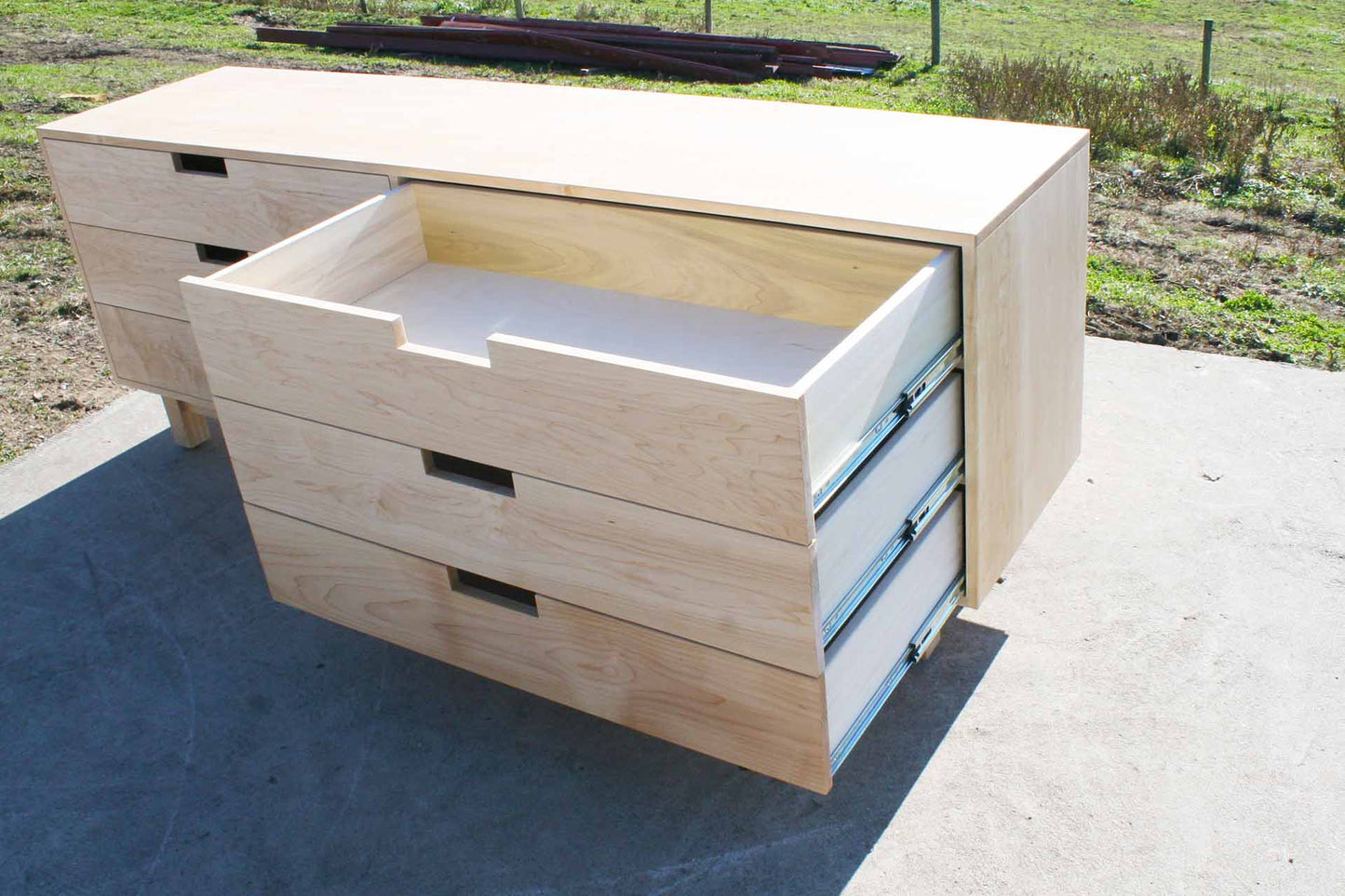 6 drawer double dresser with inset drawers and drawers open