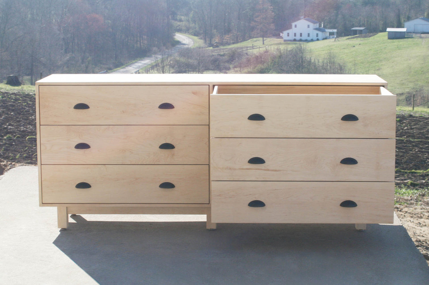 6 drawer double dresser with inset drawers and three drawers open