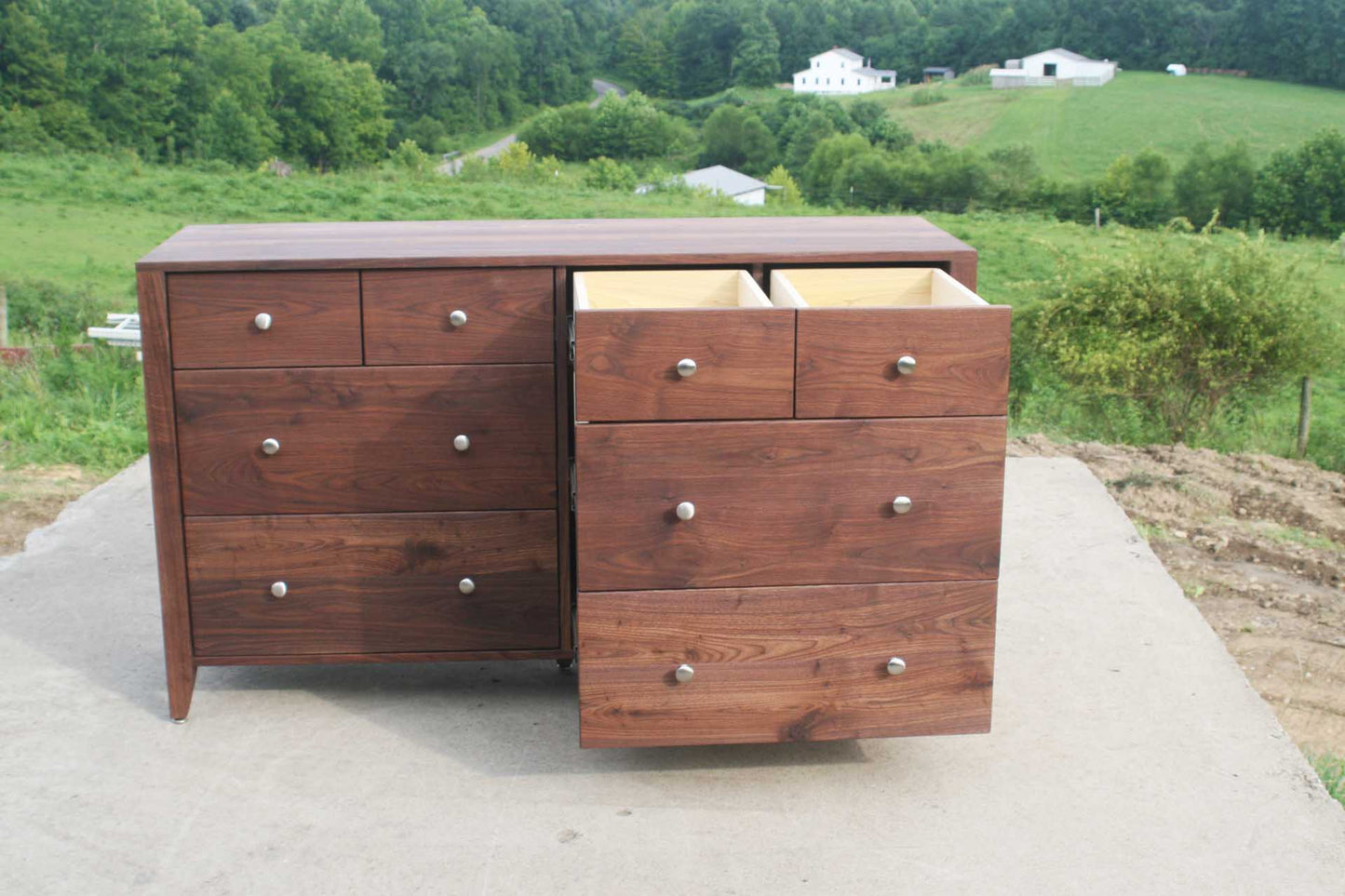 walnut dresser drawers open front view