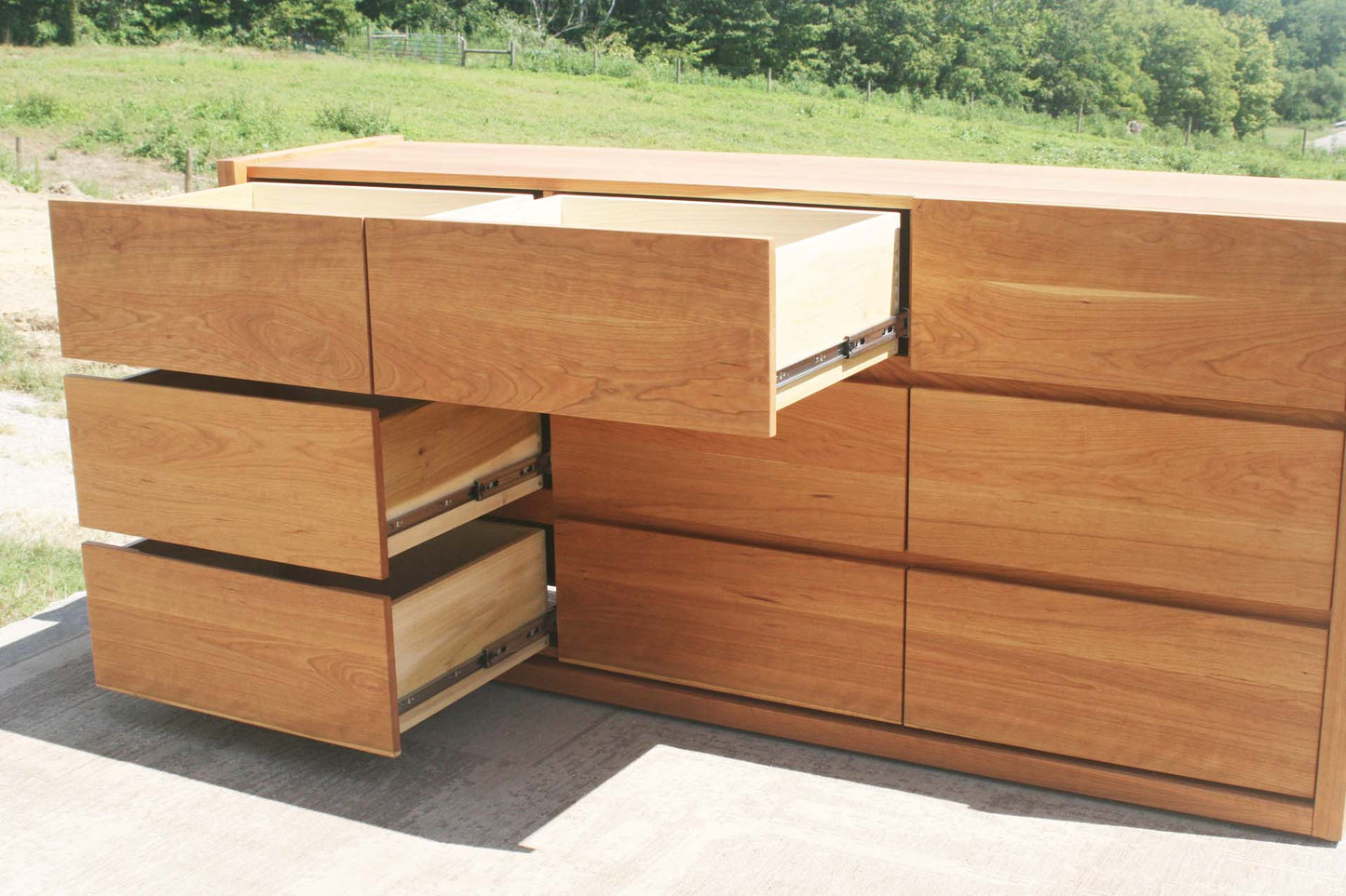 drawers open close up natural Dresser with 9 Drawers and Framed Ends