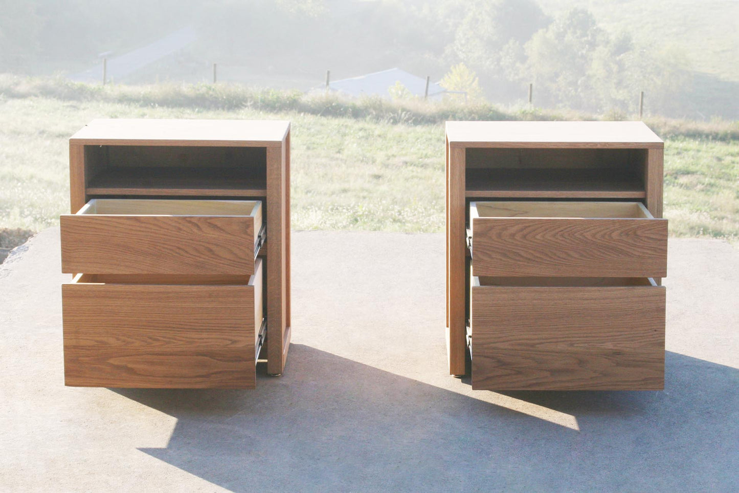 2 drawer nightstand front view drawers open