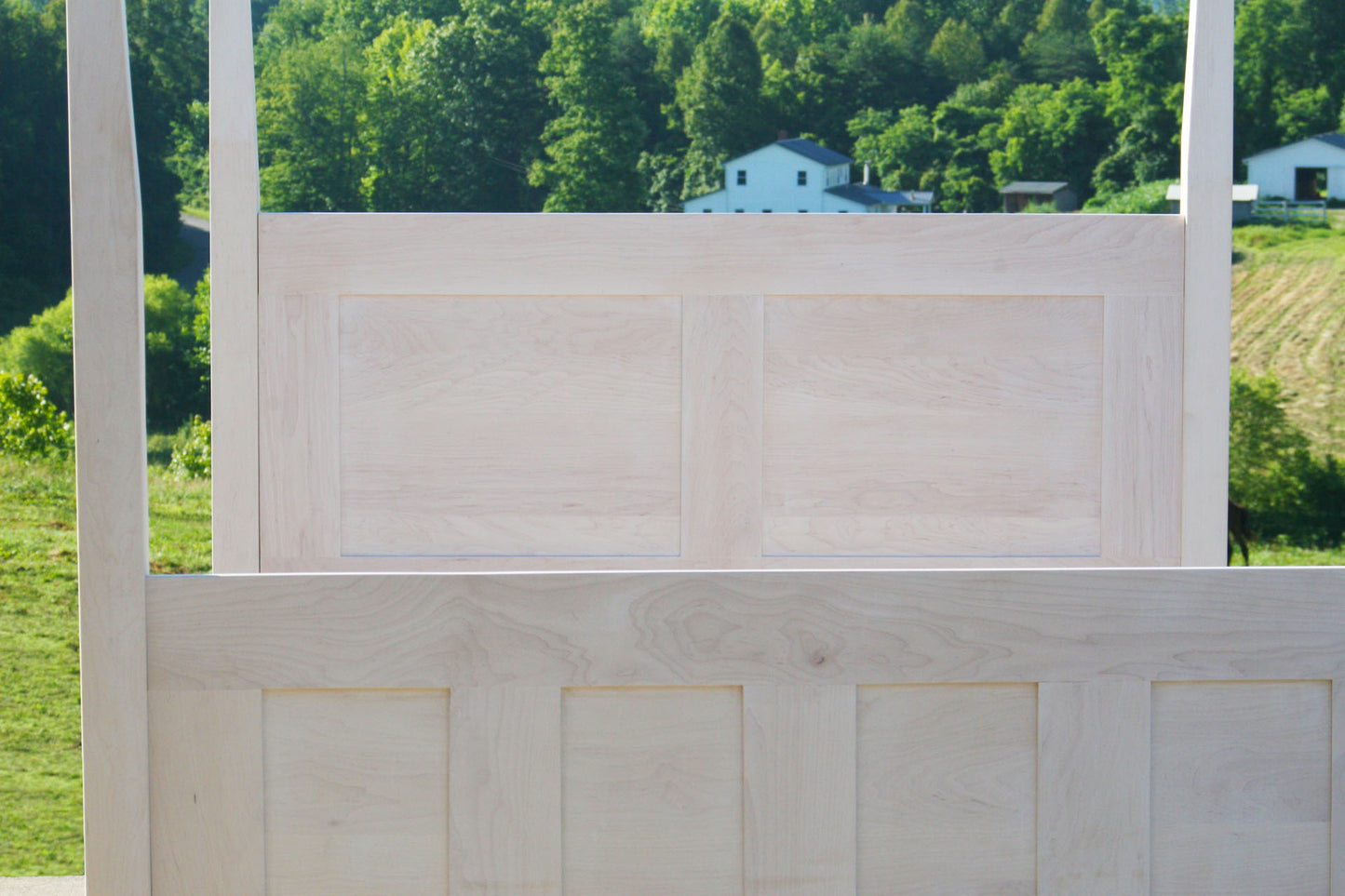headboard and footboard of Paneled canopy bed with box spring base