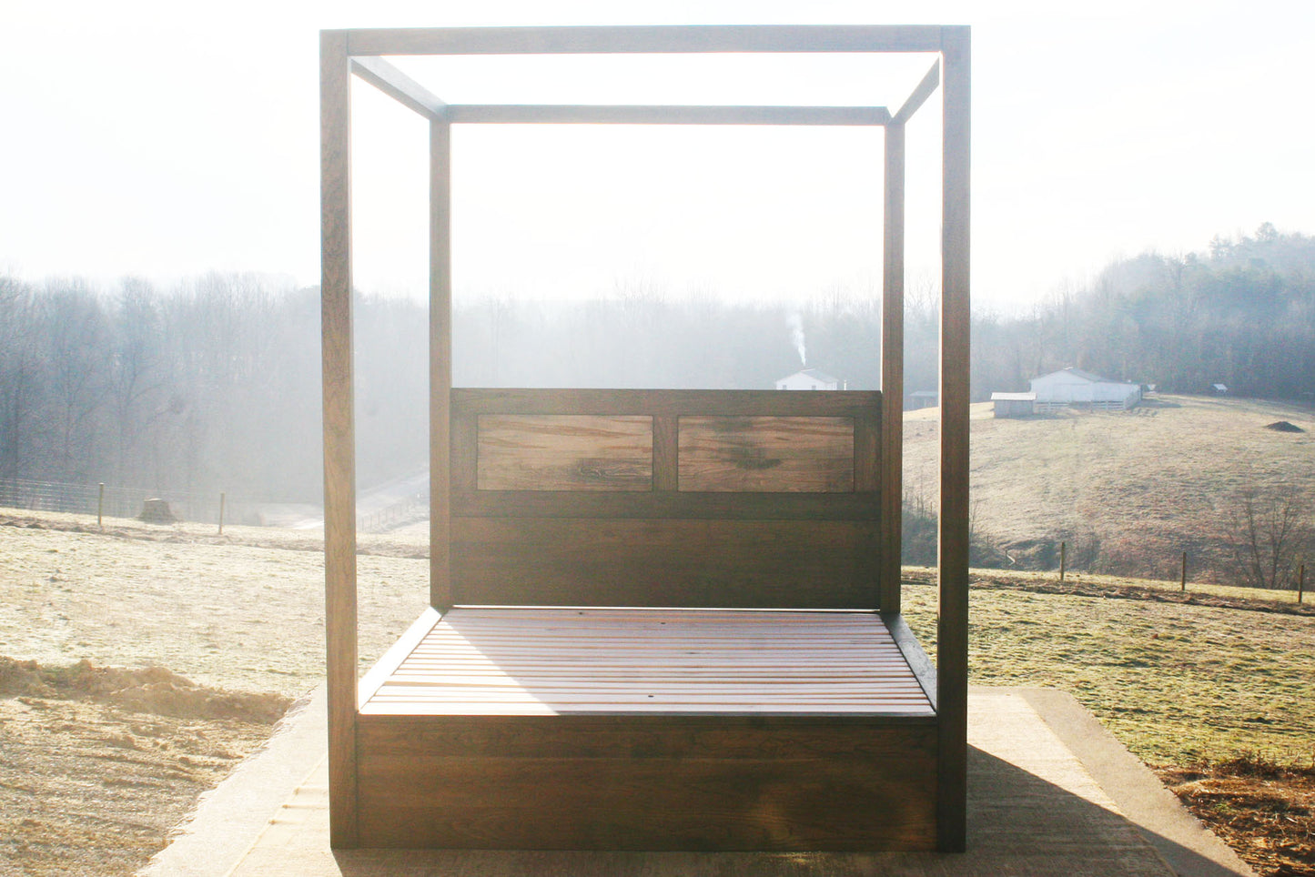 solid Canopy Bed with angled headboard and large rails front view
