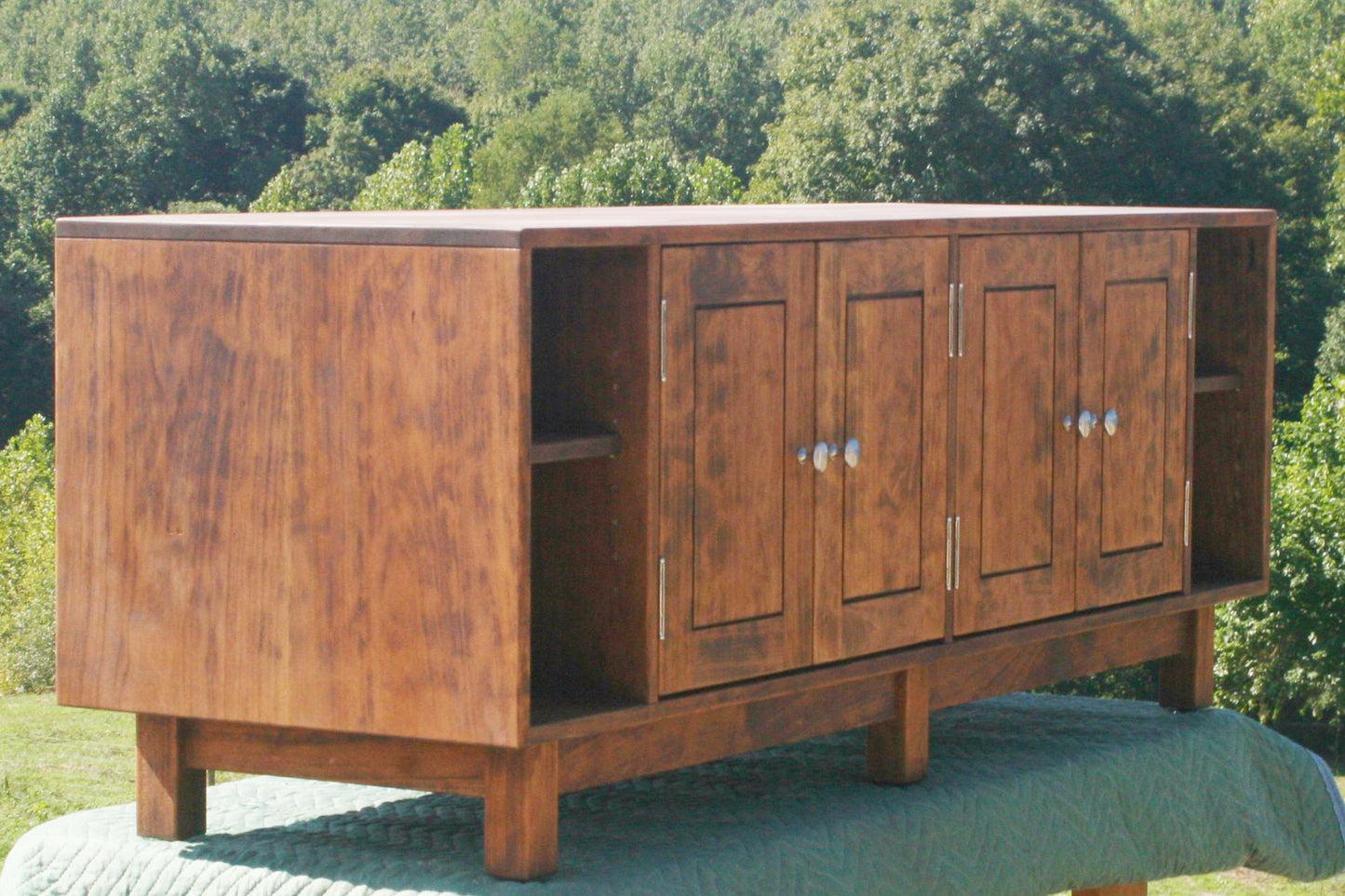 solid custom walnut wood tv console angled view