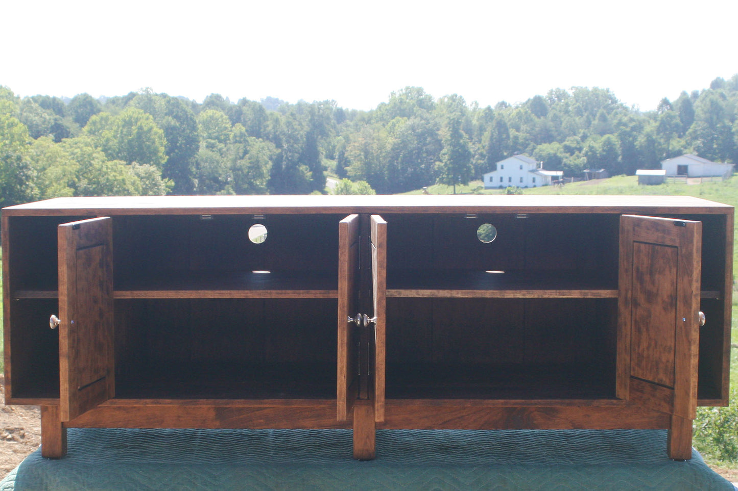 solid custom tv console table drawers open