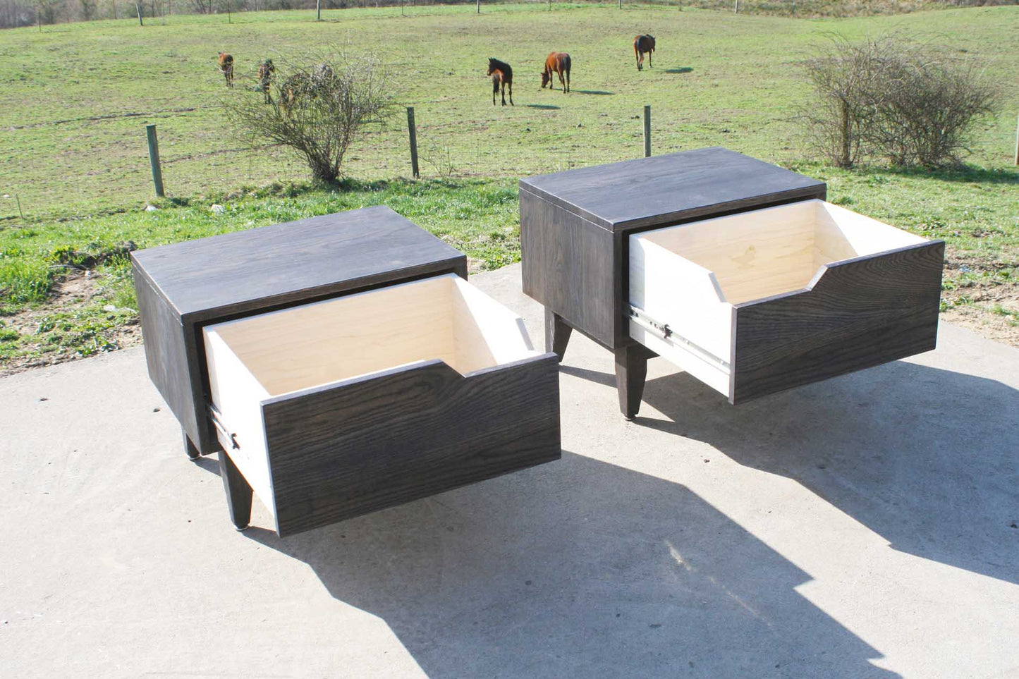 dark stain nightstand with drawers open