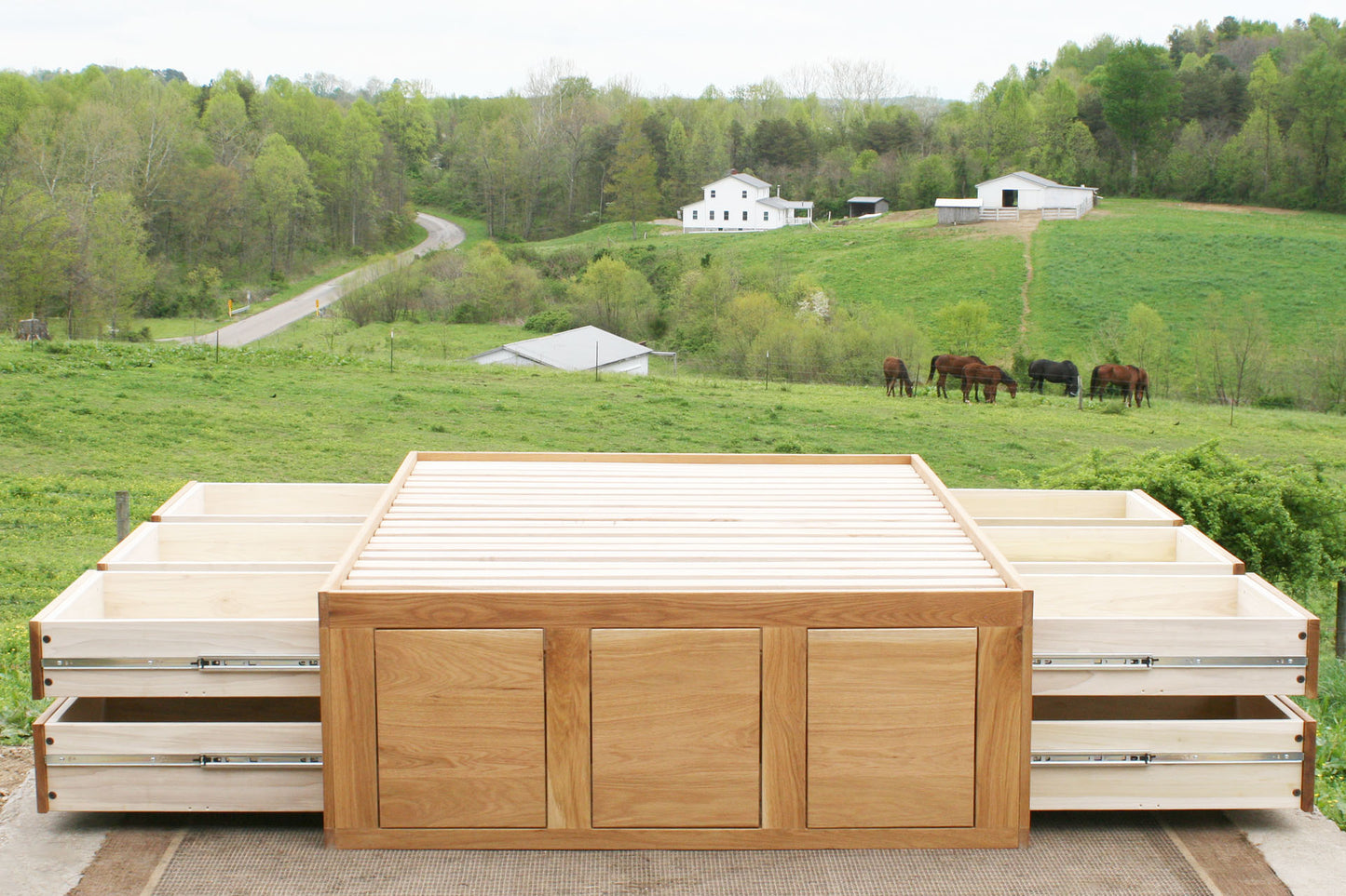 front view Storage Bed with 12 drawers open