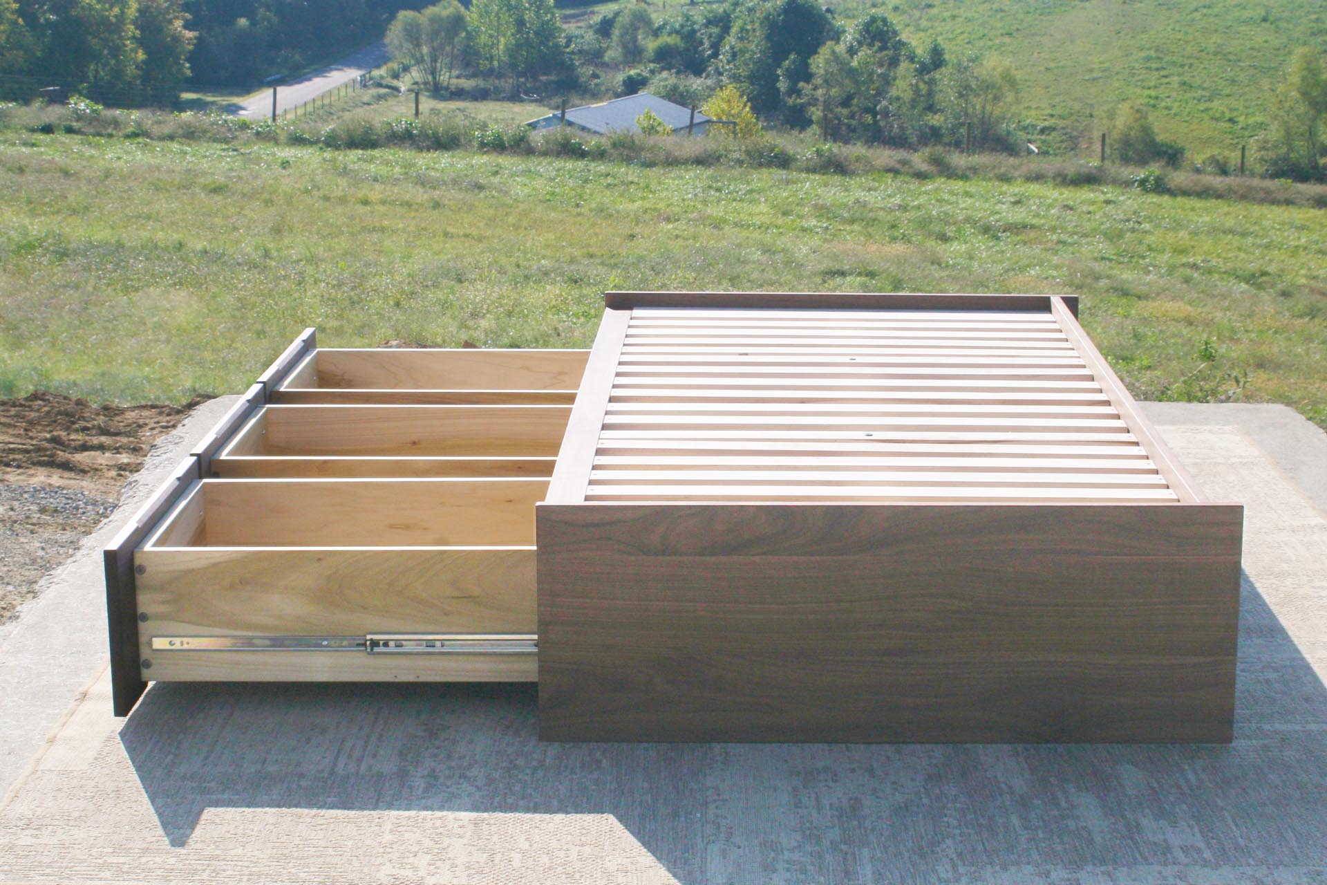 Low Storage Bed with 6 drawers front view with drawers open