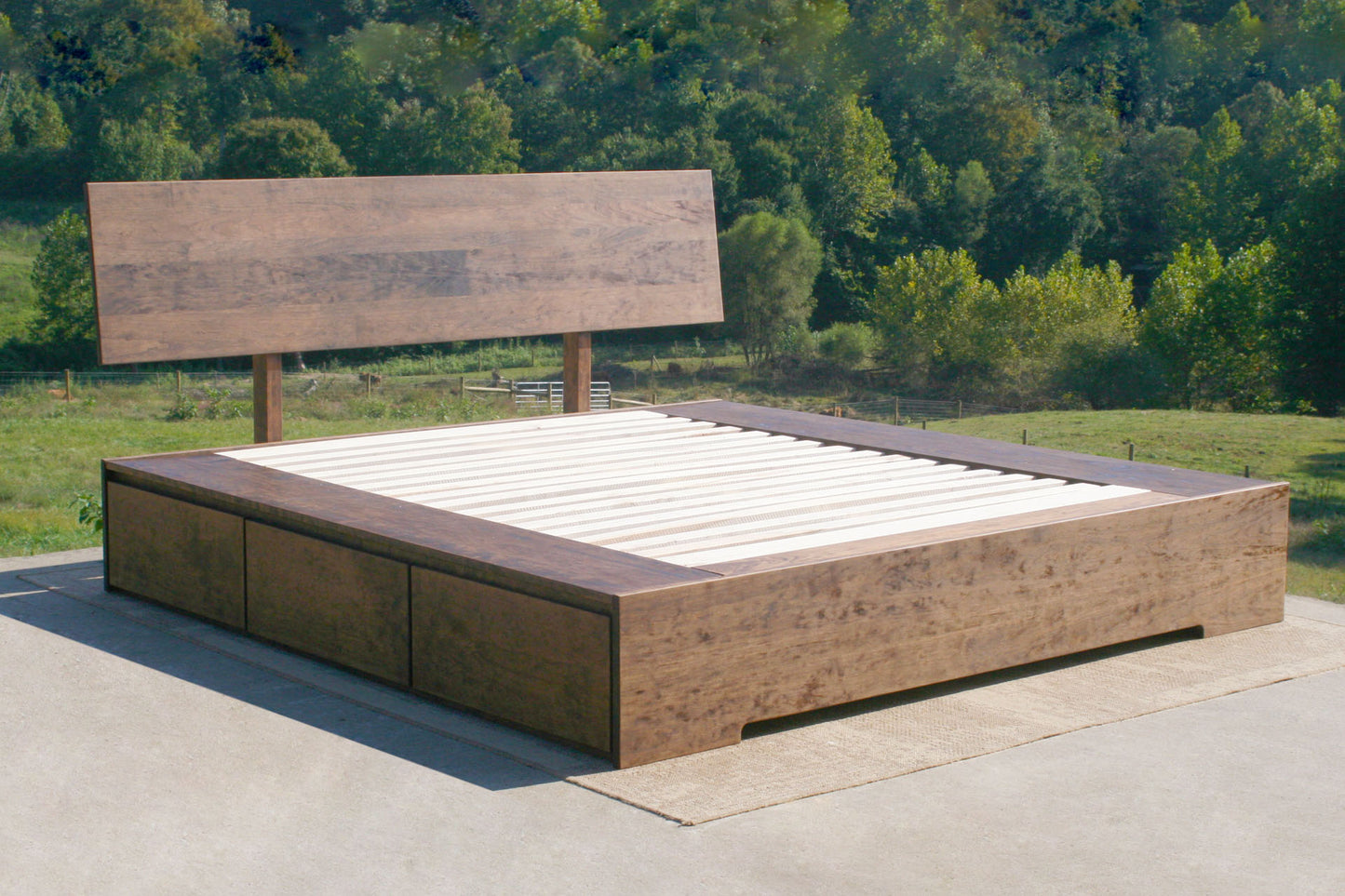 side angle view low platform bed with 6 drawers