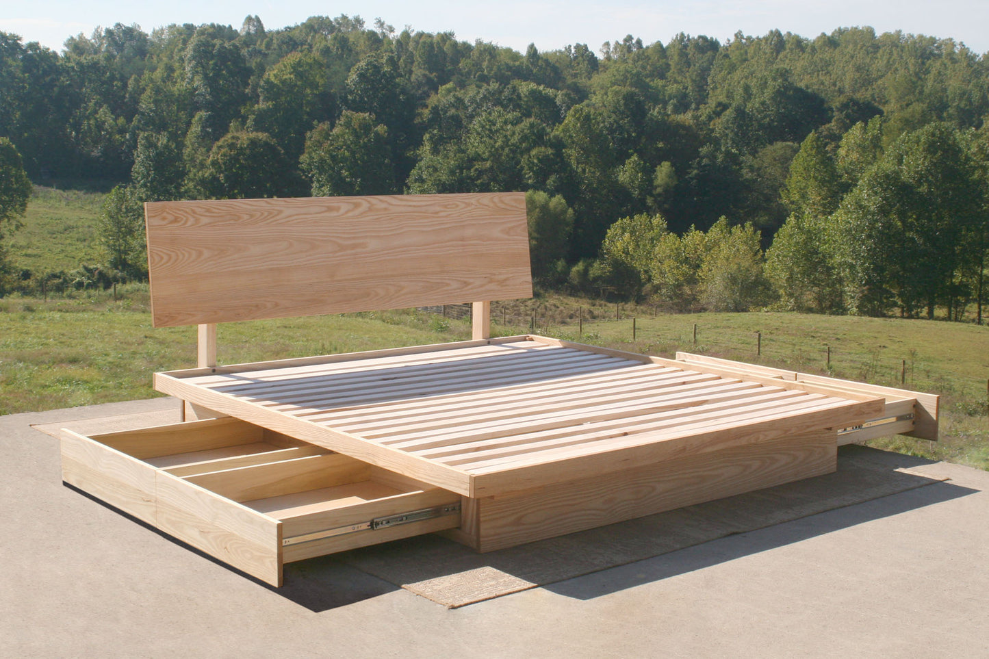 drawers out Platform Storage Bed front angled view