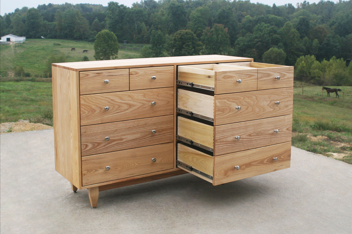 10 drawer mid century modern dresser with Inset drawers and flat panel sides side view drawers open