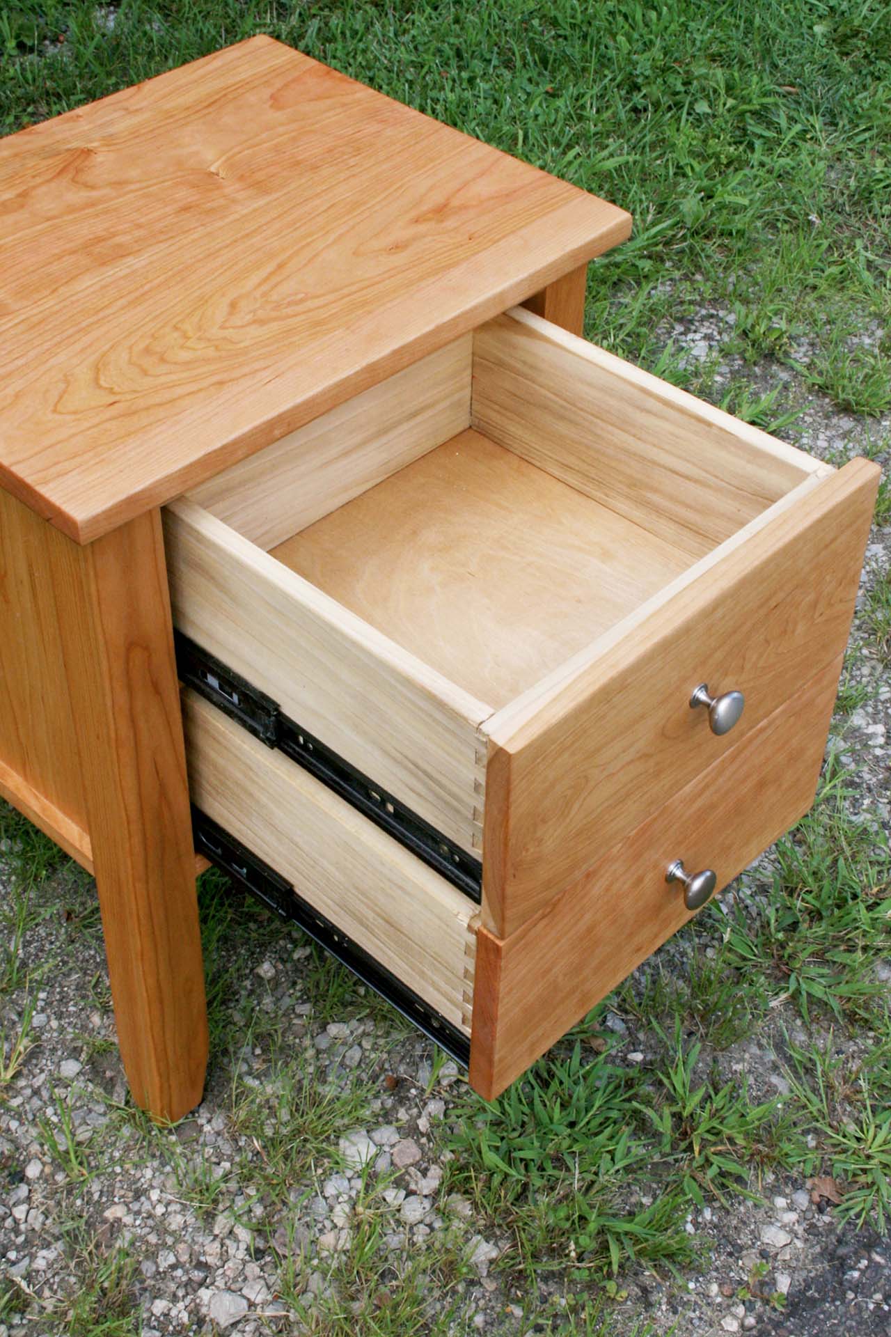 two drawer nightstand with drawers open top view
