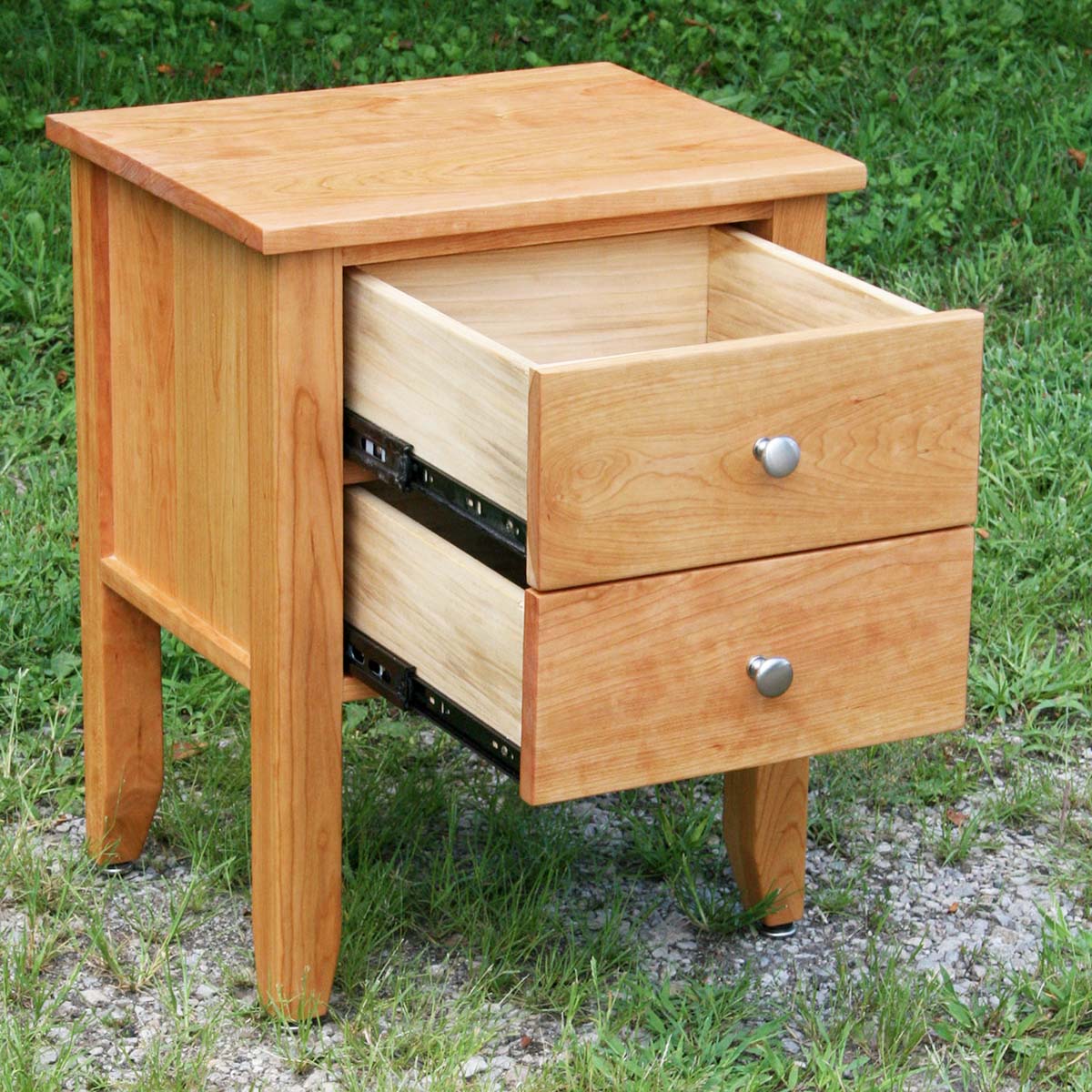 two drawer nightstand with drawers open