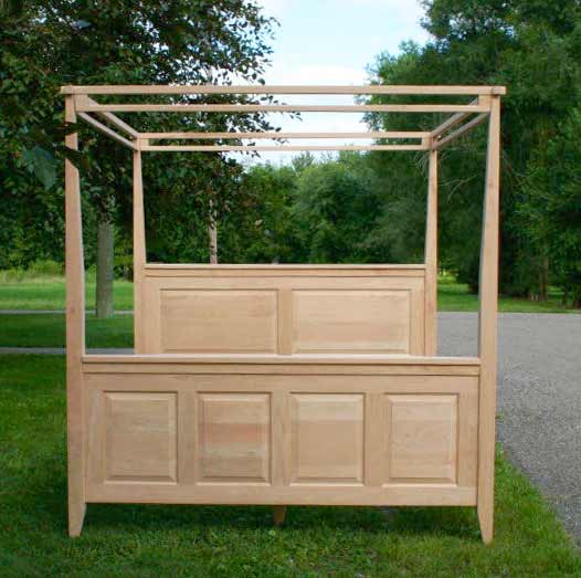 front view canopy bed with paneled head and footboard tapered posts box spring base options for top rails and finials
