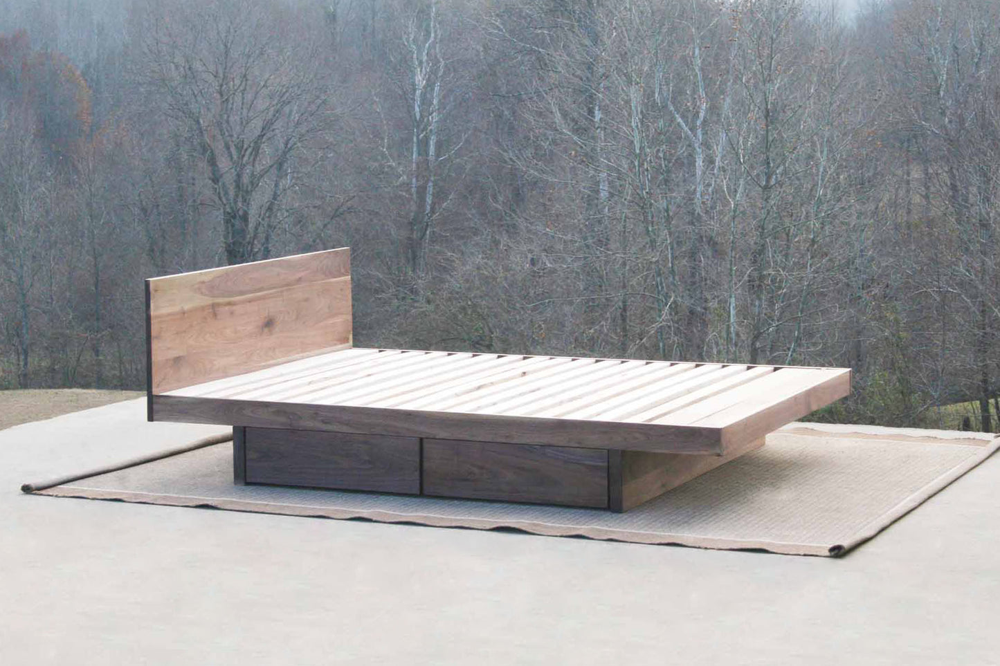 side view walnut Cantilever storage bed with 4 drawers and headboard