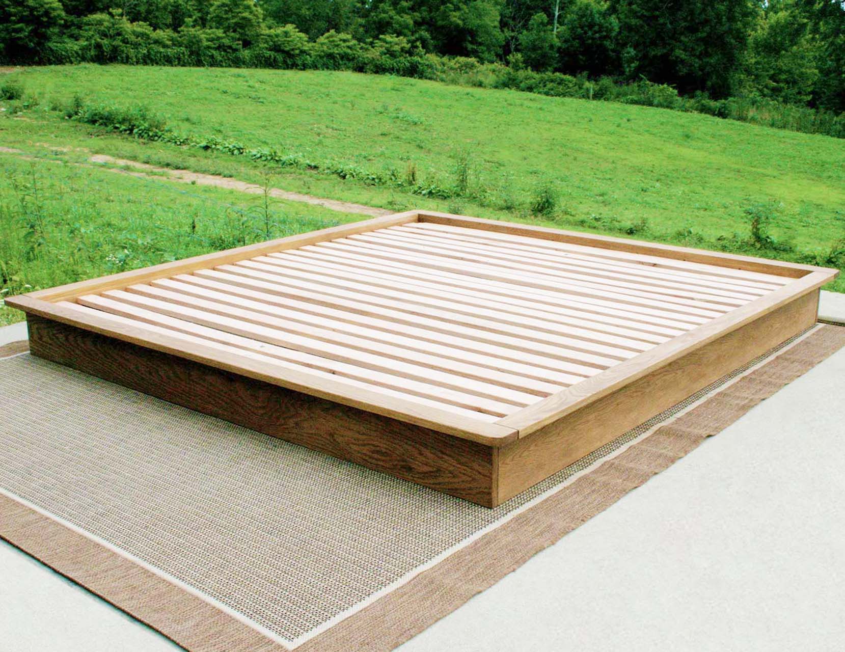 angled view hardwood Low Platform Bed or Tatami with side trim