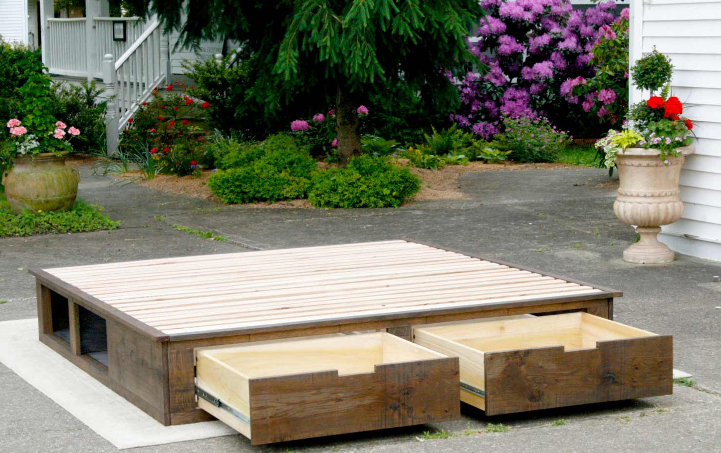 drawers out Low Platform Bed with 2 drawers in foot-end