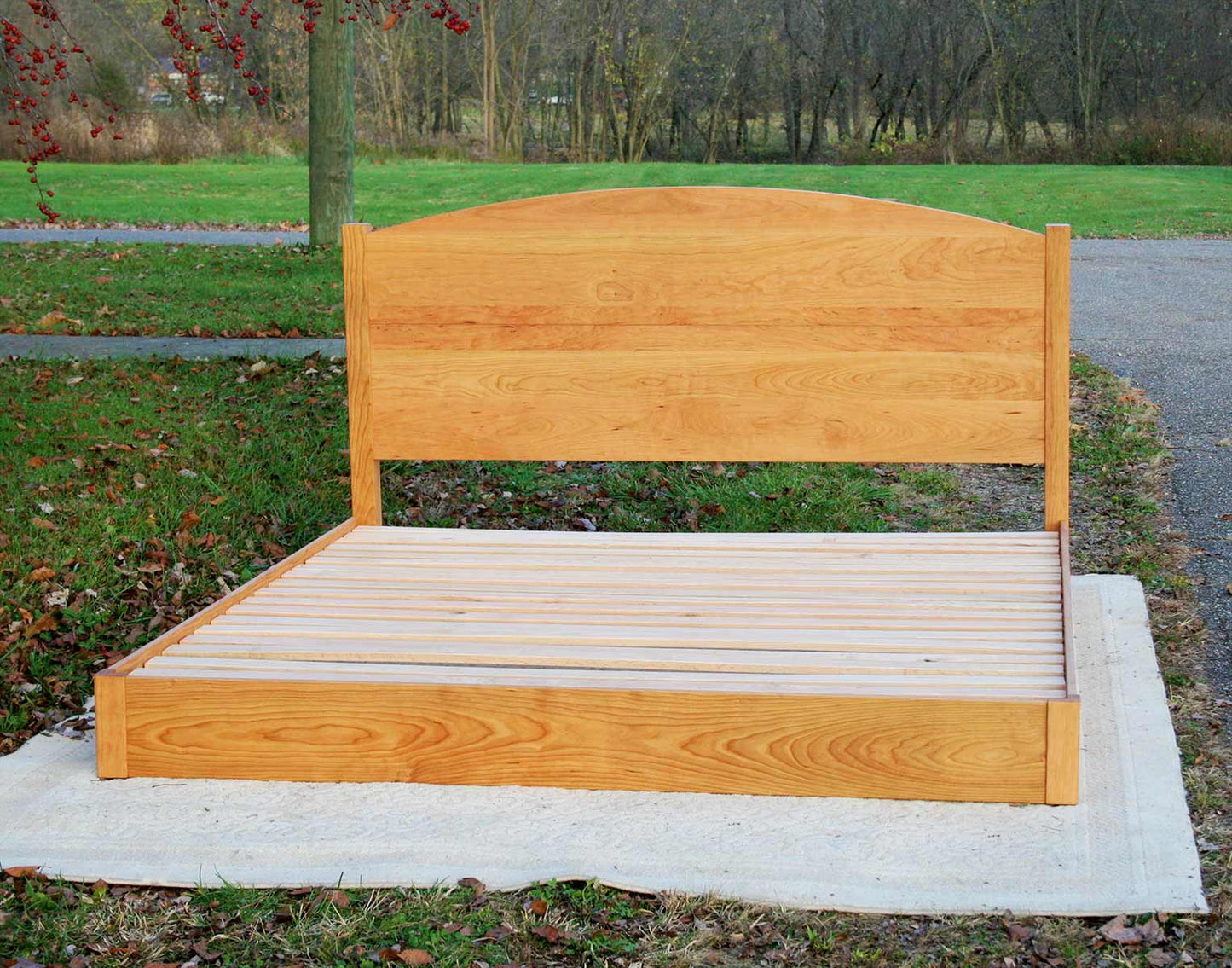 low platform bed with arched headboard light hued front view