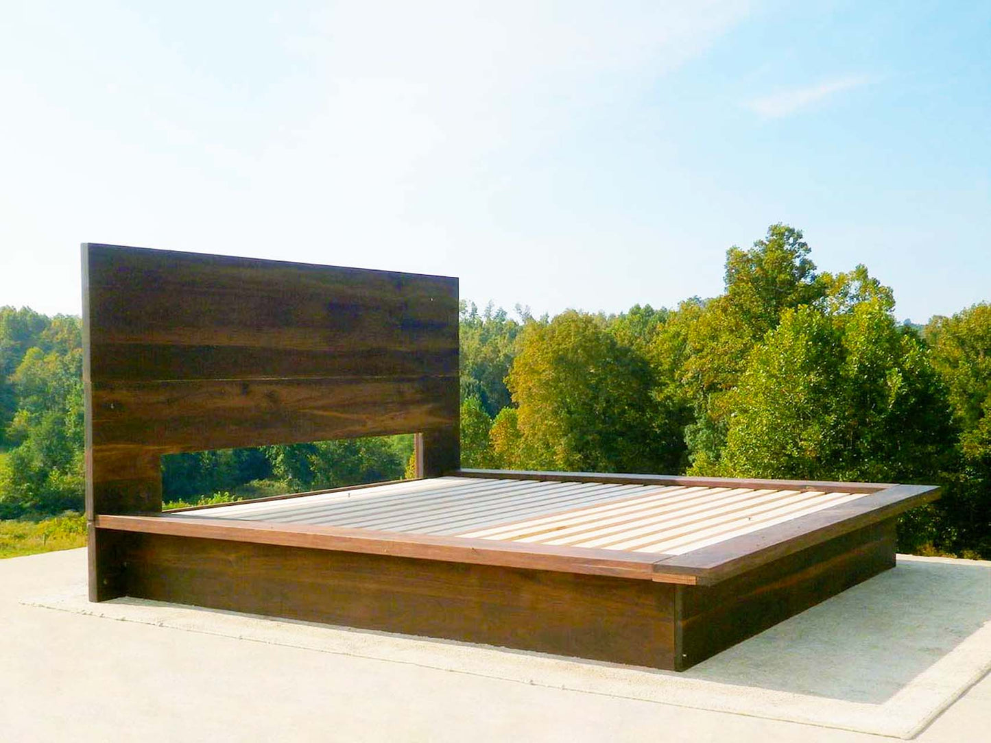modern platform bed with large side extensions side view